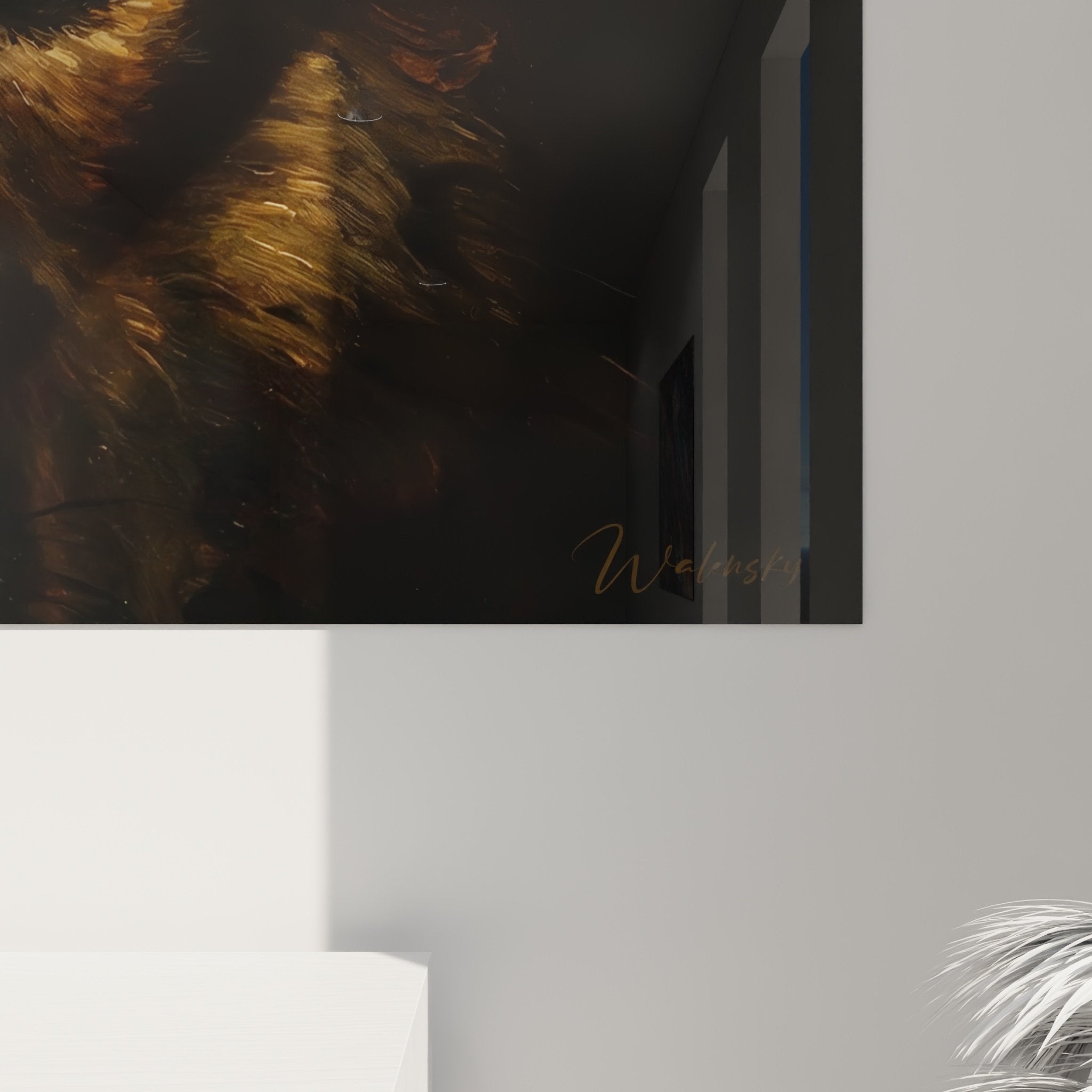 Vue d'ensemble tableau Akita Inu décoratif, portrait canin artistique tons chauds, décoration intérieur moderne