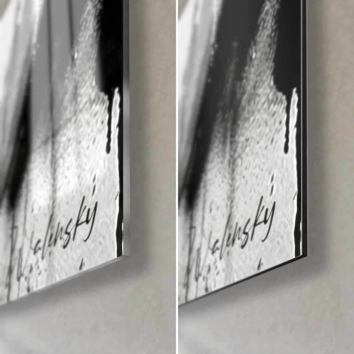 Tableau street art visage d'homme noir et blanc, coin bas droit : verre acrylique brillant à gauche, alu Dibond mat à droite, tranche de 3 mm