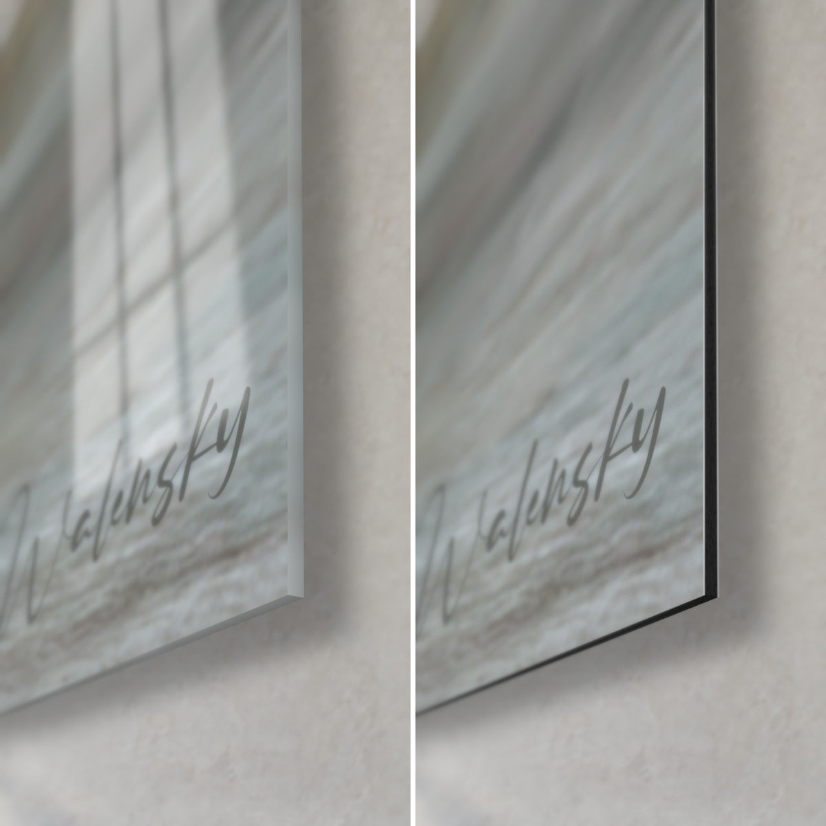 Schilderij van een roodharige en witte barzoi, rechtsonder: glanzend acrylglas met reflecties, mat zwart Dibond-aluminium, rand van 3 mm
