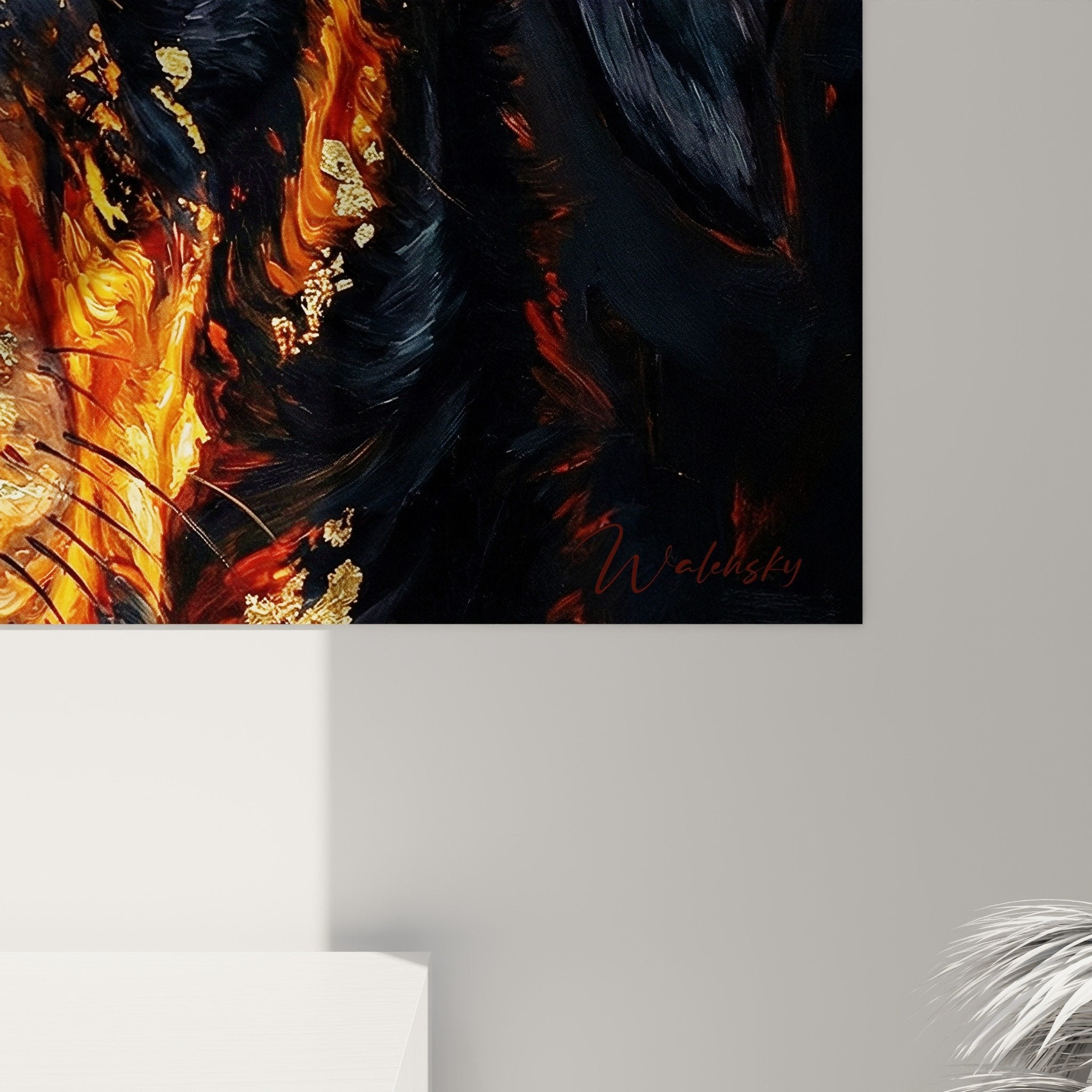 Vue ensemble tableau portrait Beauceron enflammé, décoration murale art contemporain canin