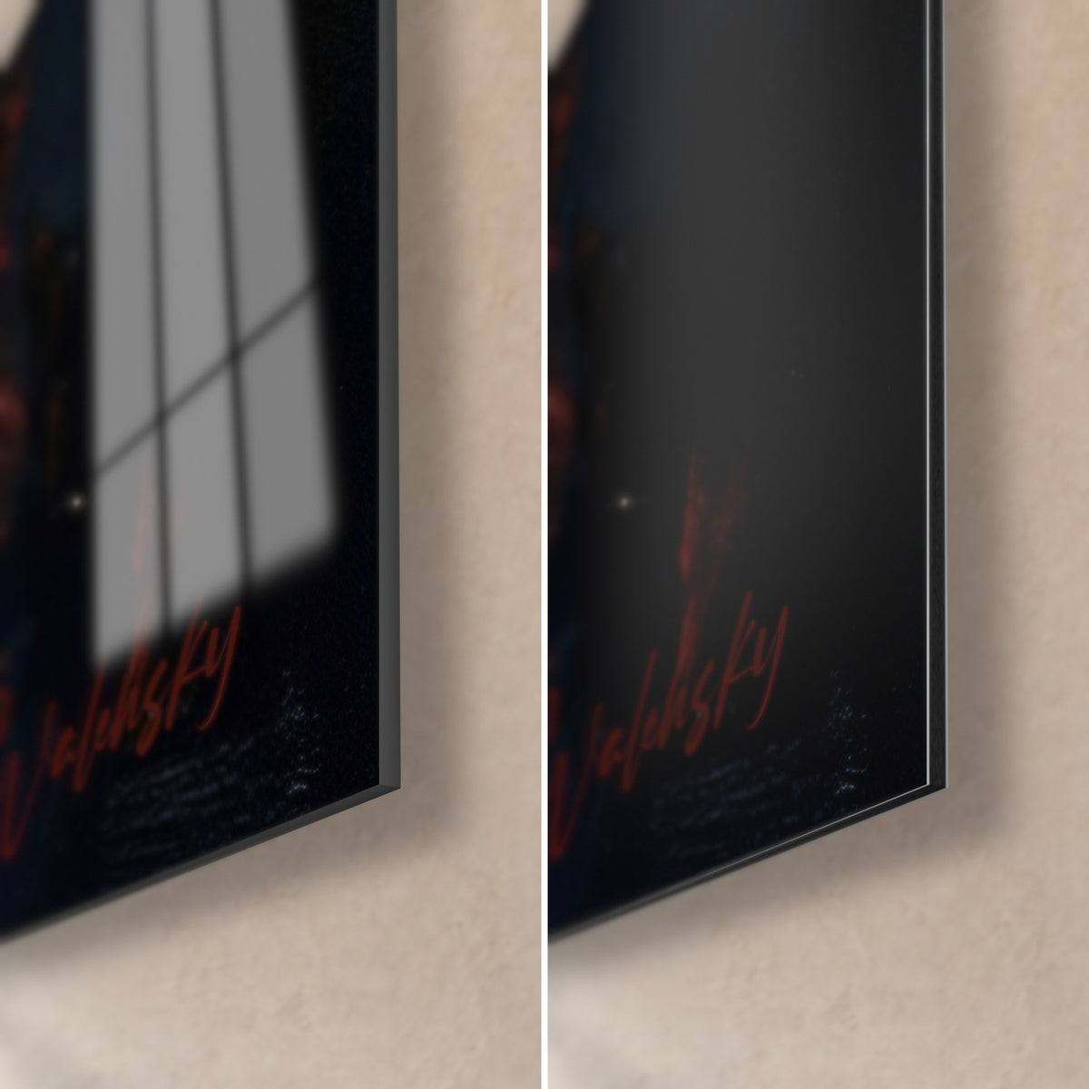 Wall art black dog and orange flames, bottom right corner: glossy glass reflecting the window, matte black Dibond, slim edge