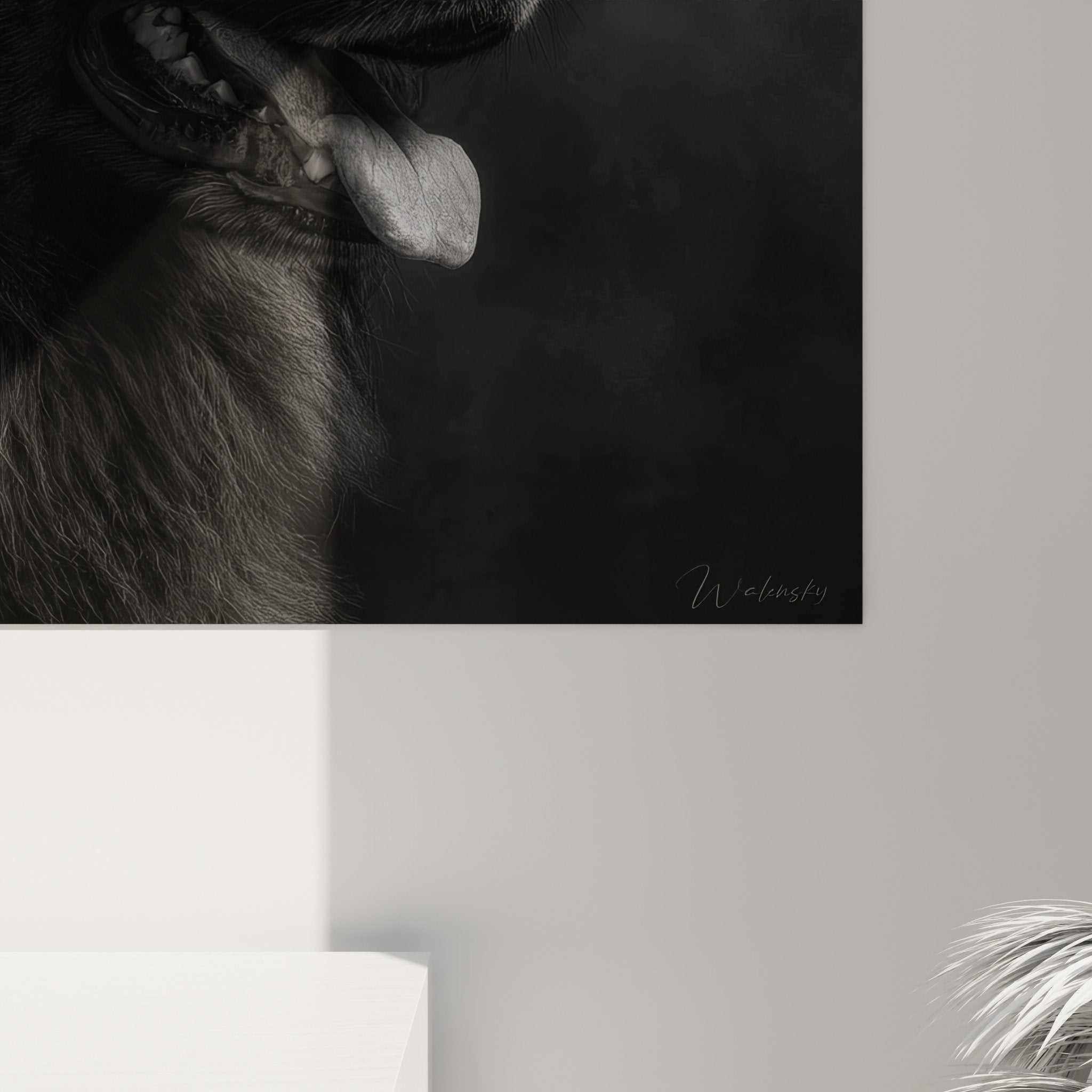 Overview of black and white Dutch Shepherd portrait in a sleek contemporary interior