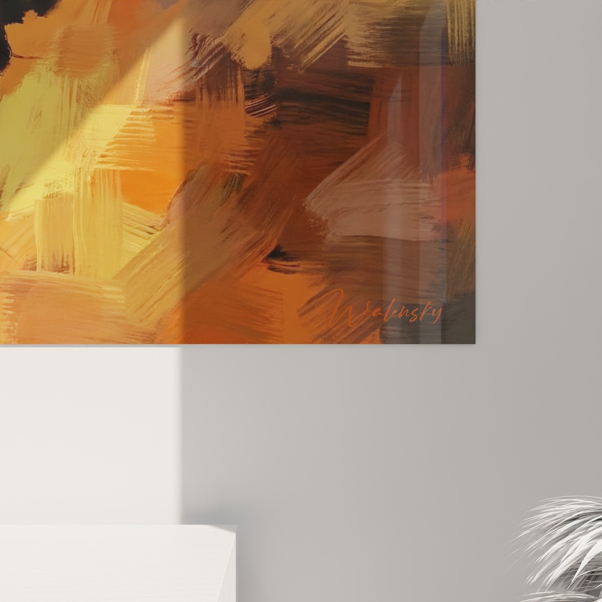 Full view portrait modern Boston Terrier wall art orange decoration