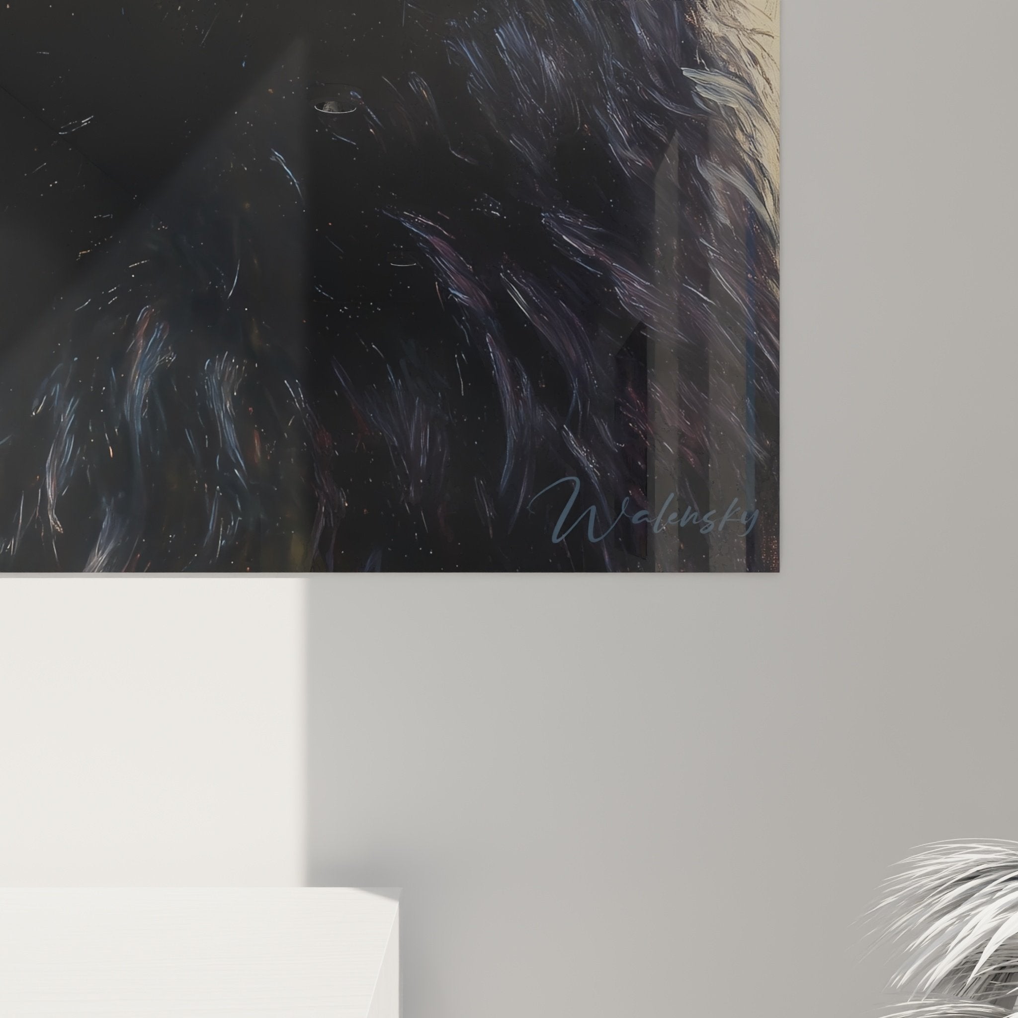 Vue d'ensemble du tableau portrait Cairn Terrier intégré dans un intérieur contemporain aux couleurs douces