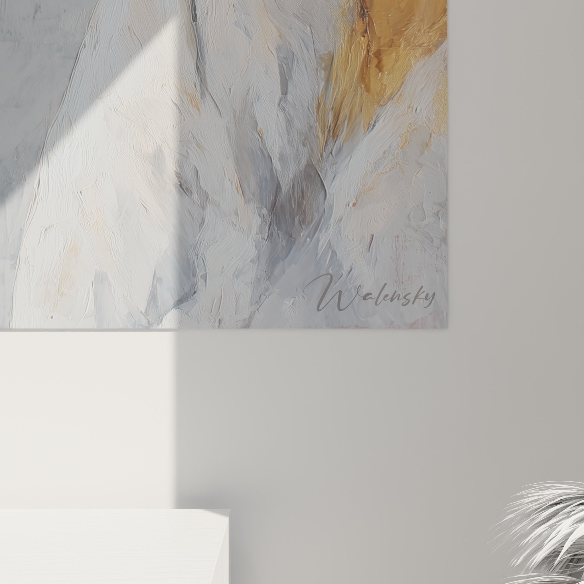 Vue d'ensemble tableau portrait chien contemplatif, dimensions et rendu dans intérieur moderne épuré