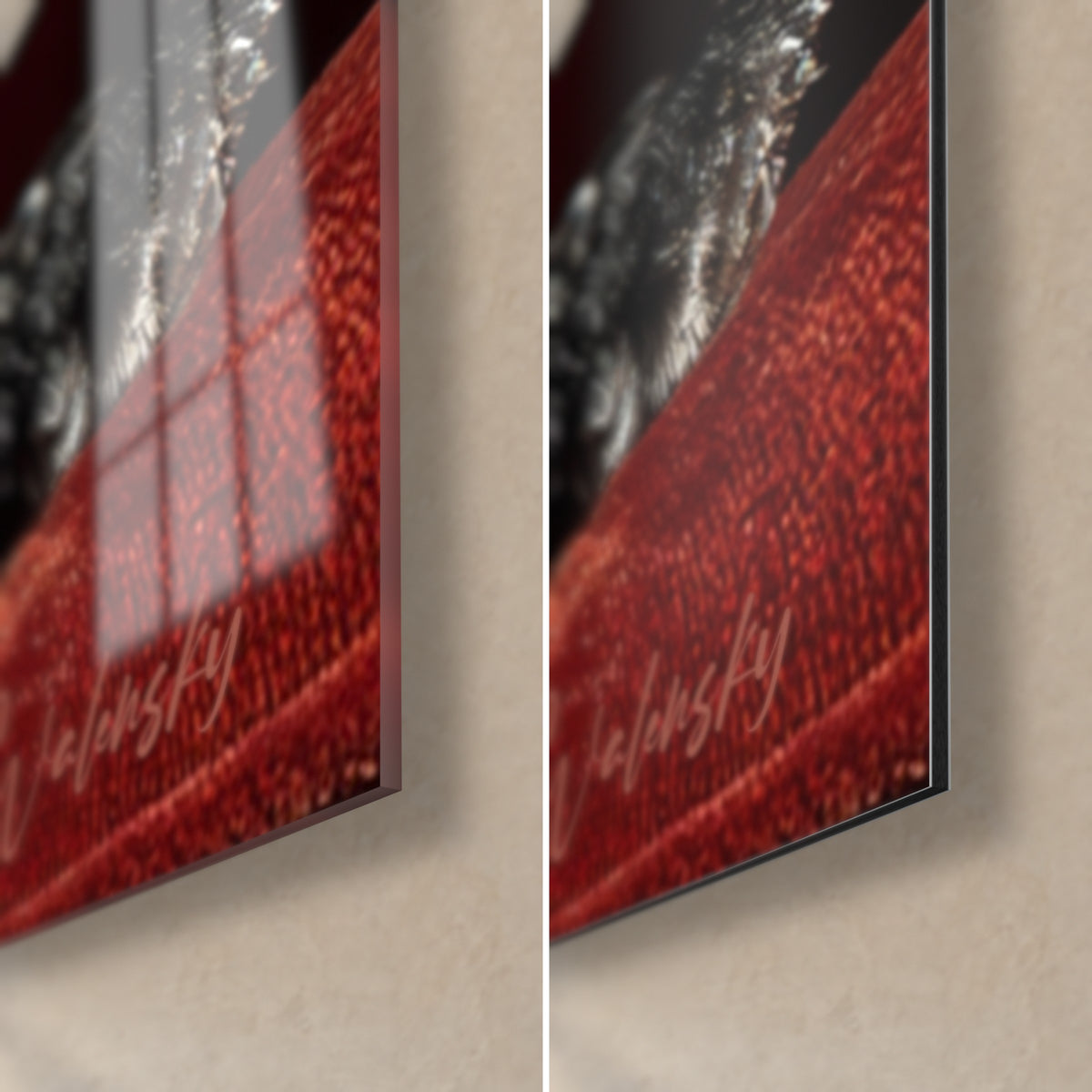 Cuadro de spaniel negro y gris sobre terciopelo rojo, esquina inferior derecha: cristal acrílico brillante y aluminio Dibond mate, grosor 3 mm