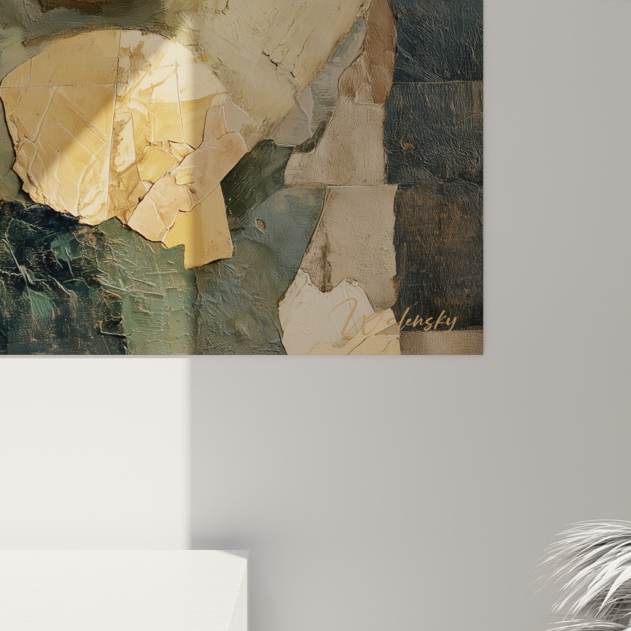 Vue d'ensemble tableau portrait fragmenté feng shui, composition verticale tons terreux apaisants