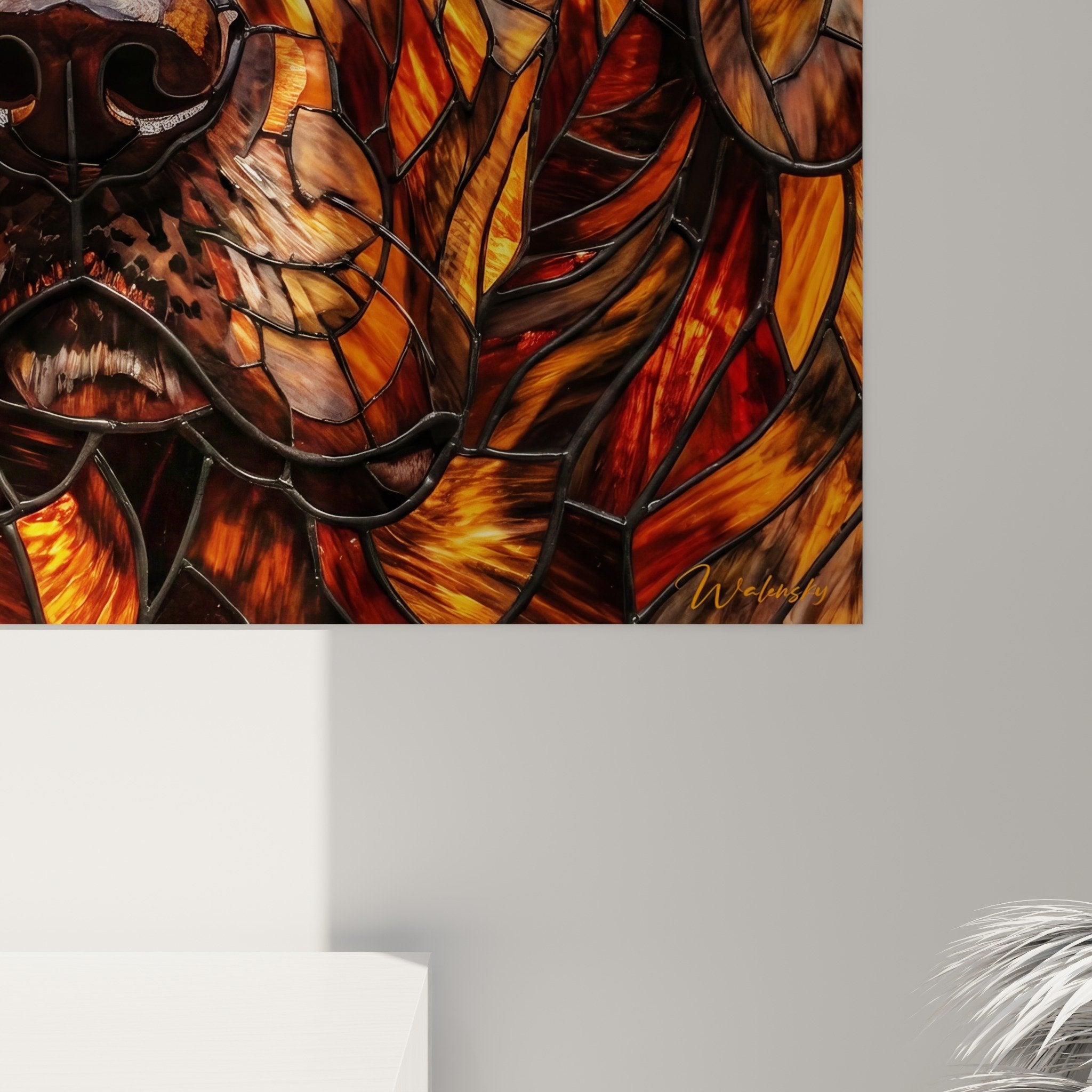 Overview of Fila Brasileiro mosaic artwork in warm tones, contemporary wall art with copper hues
