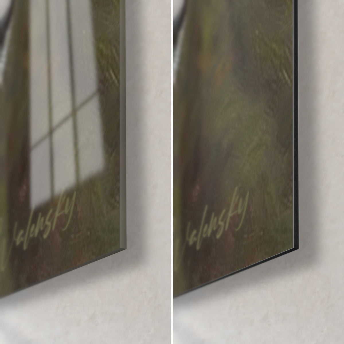 Wall art Leonberger with a beige and green coat, bottom right corner: glossy glass on the left, matte Dibond on the right, 3 mm edge