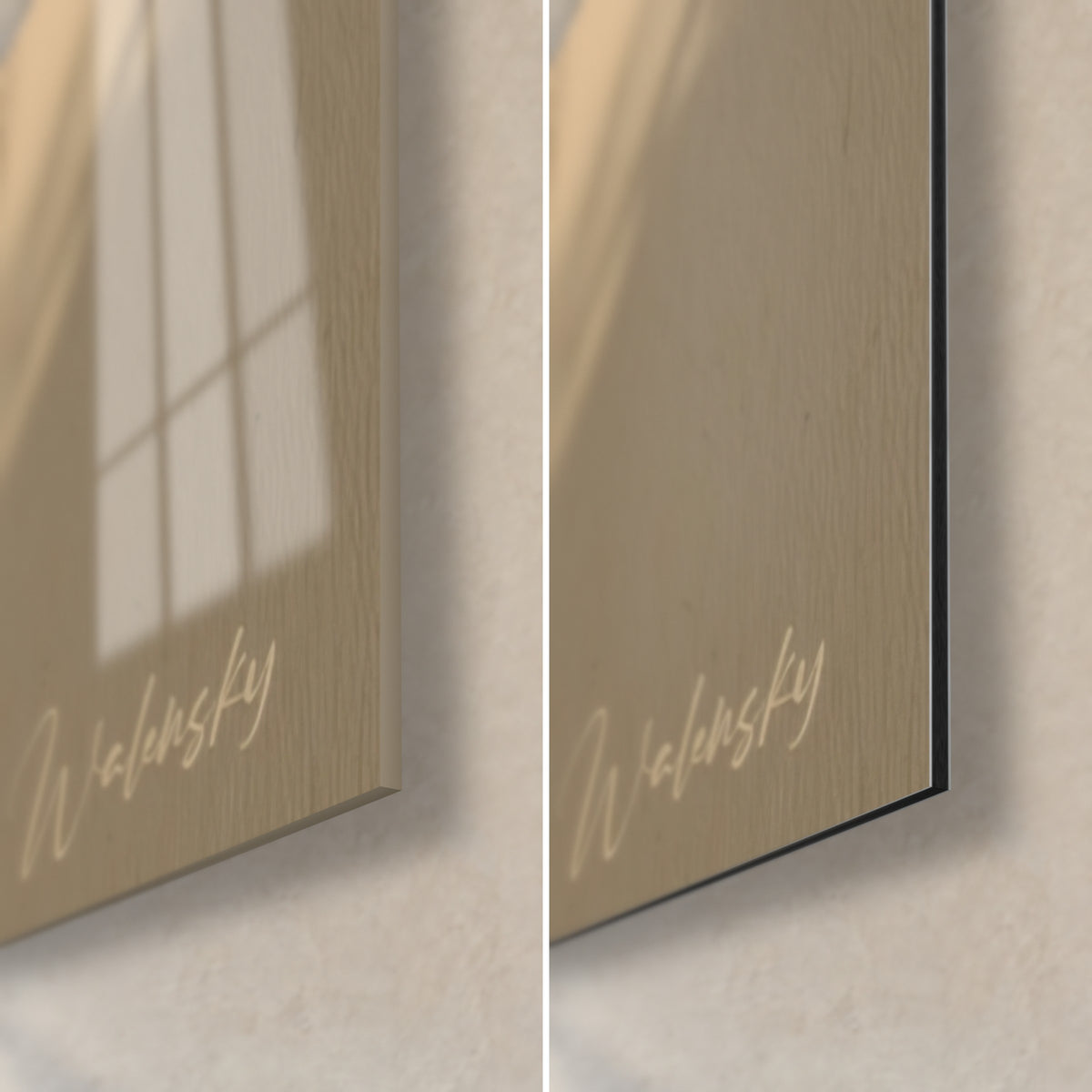 Cuadro perro de pelo fino color crema y sepia, esquina inferior derecha: cristal acrílico brillante y aluminio Dibond mate, canto de 3 mm