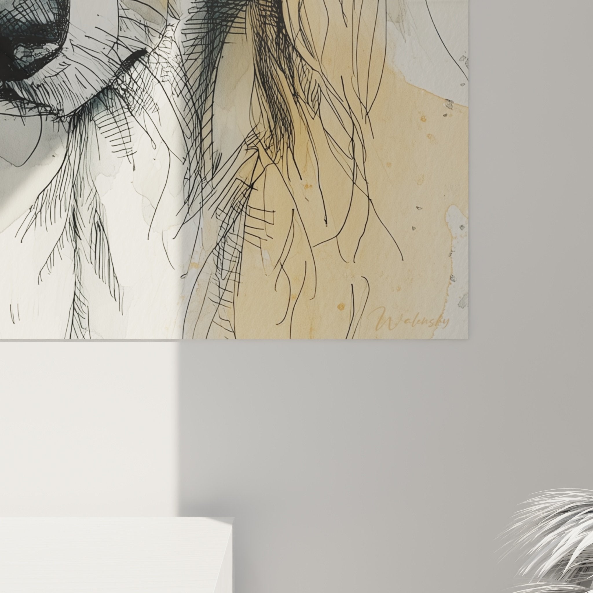Vue ensemble portrait levrier afghan aquarelle, decoration interieur contemporain tons neutres