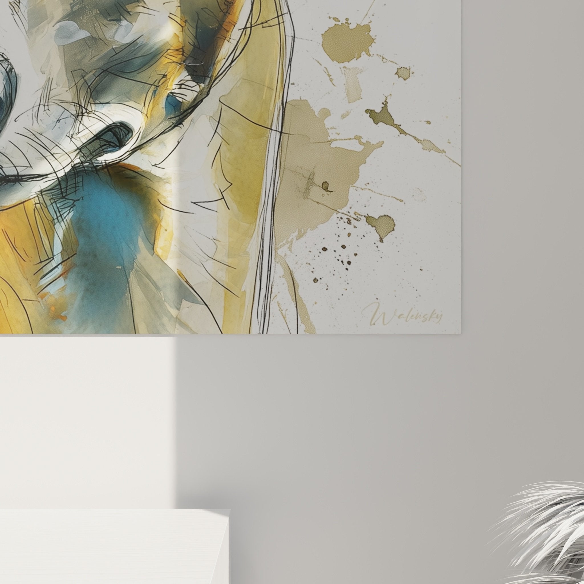 Vue d'ensemble du portrait de lévrier whippet style aquarelle contemporain sur fond blanc avec éclaboussures