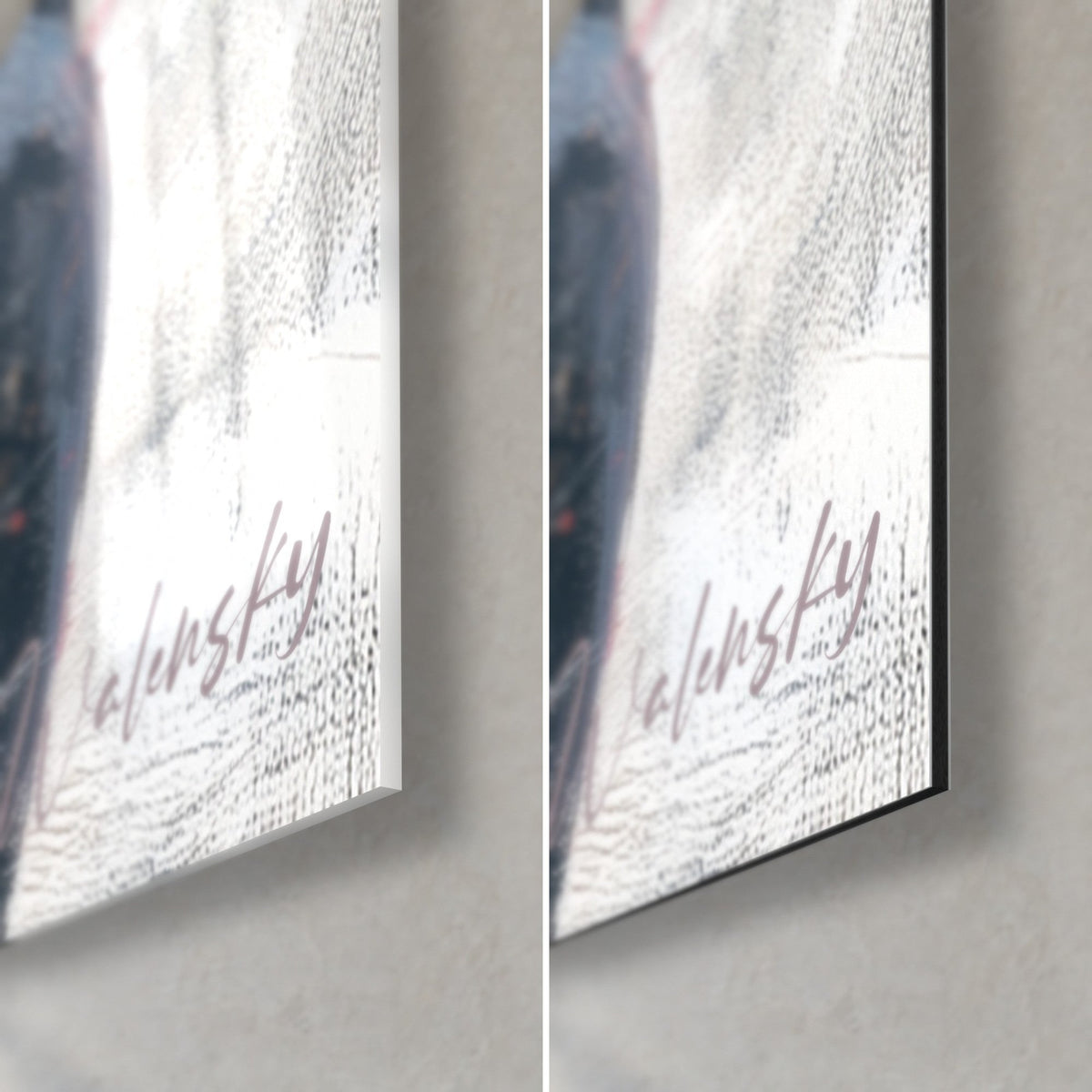 Wall art black and white greyhound, pink Walensky signature in the bottom right corner, glossy acrylic glass on the left, matte Dibond on the right