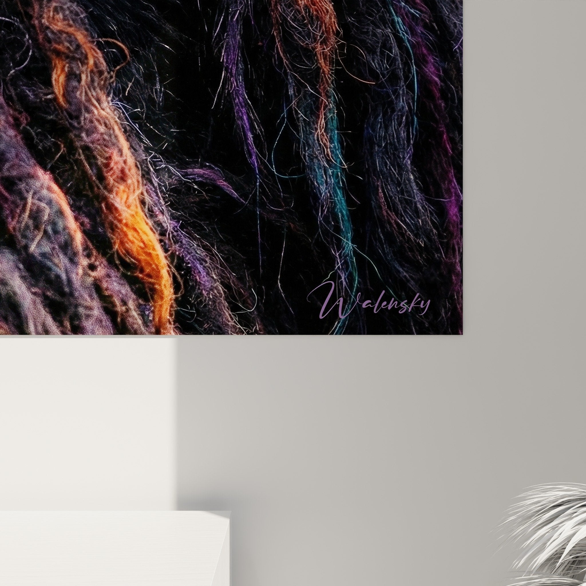 Vista d'insieme quadro ritratto Puli artistico dreadlocks colorate decorazione murale moderna soggiorno contemporaneo