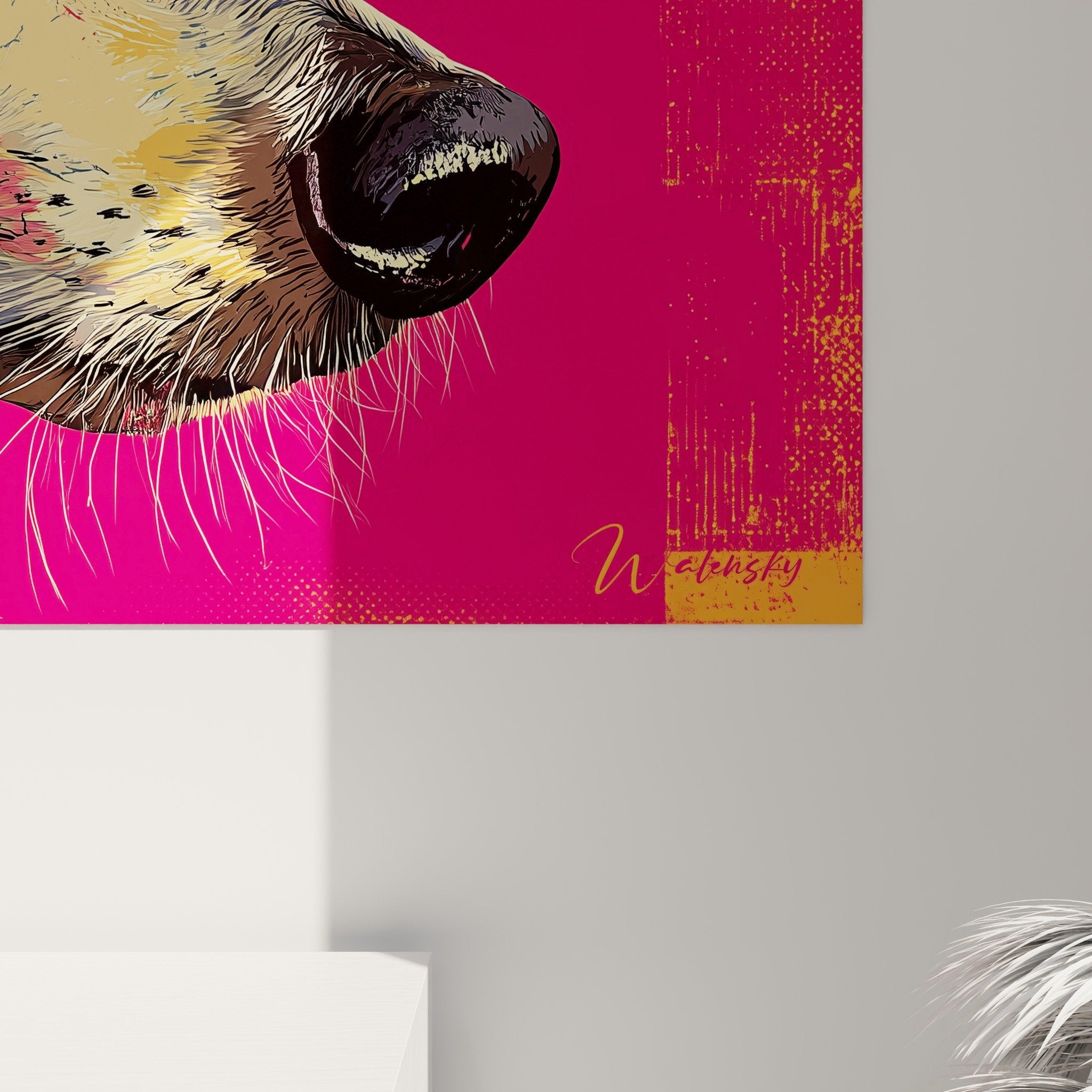 Vue d'ensemble tableau portrait Saluki moderne - Œuvre rose fuchsia et dorée dans intérieur contemporain