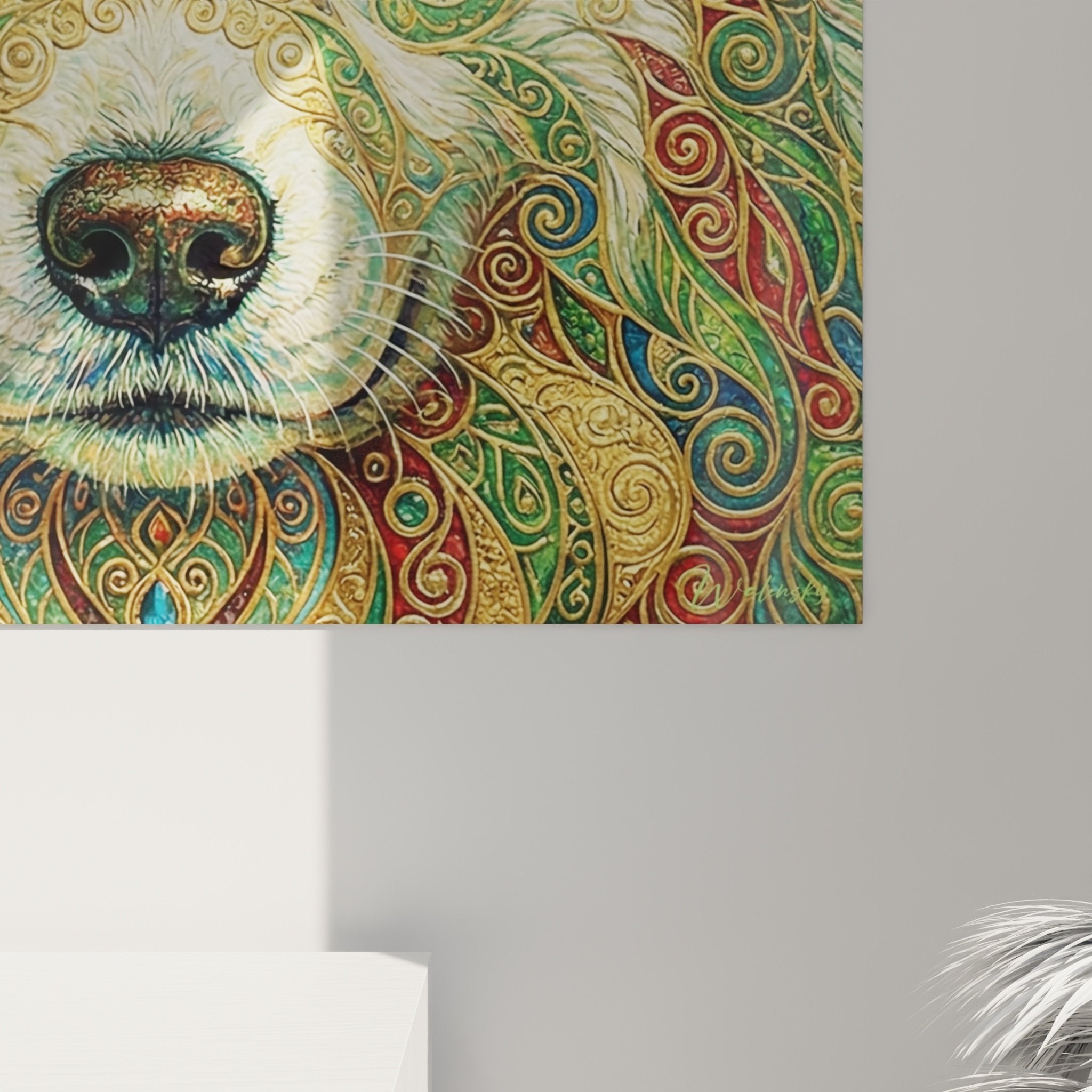 Vista d'insieme quadro murale Samoiedo mistico, ornamenti dorati complessi, decorazione artistica spirituale