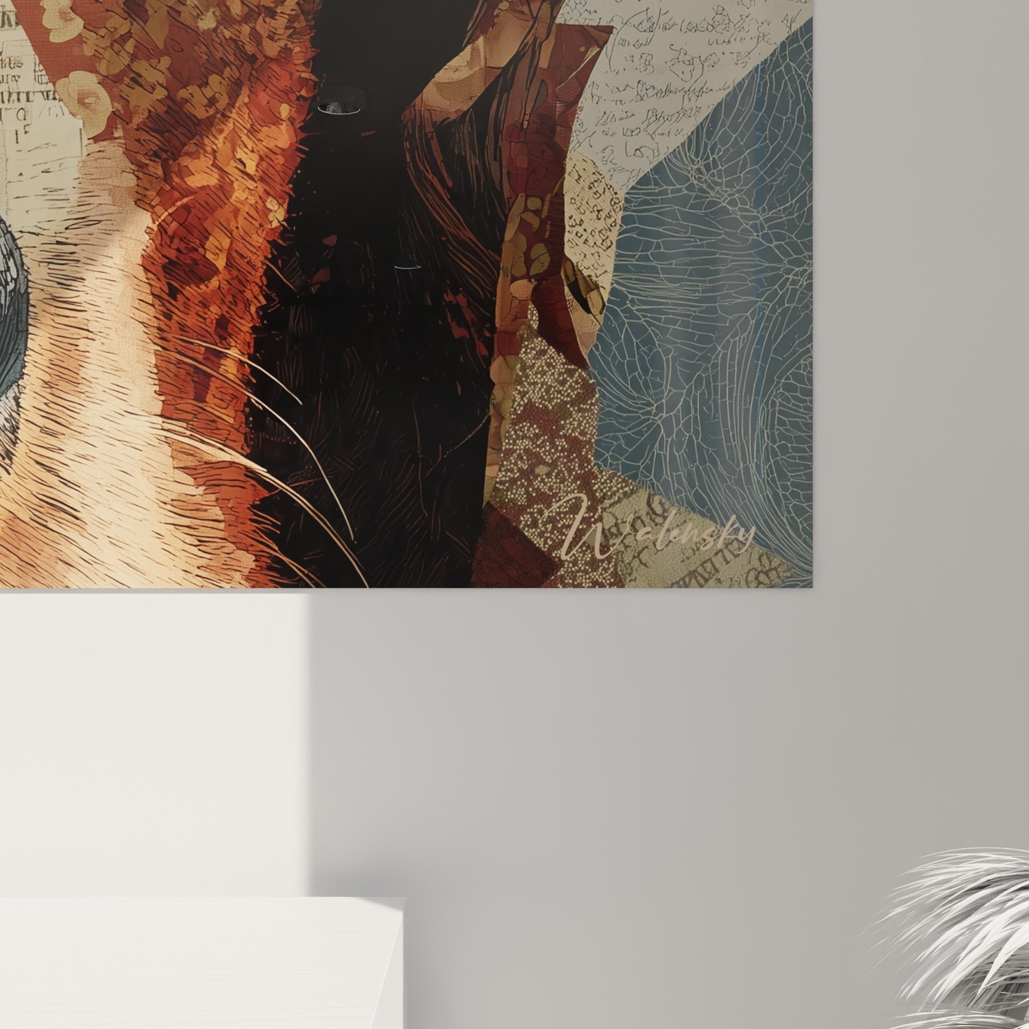 Vue d'ensemble du portrait de Setter Irlandais avec technique mixte collage et peinture