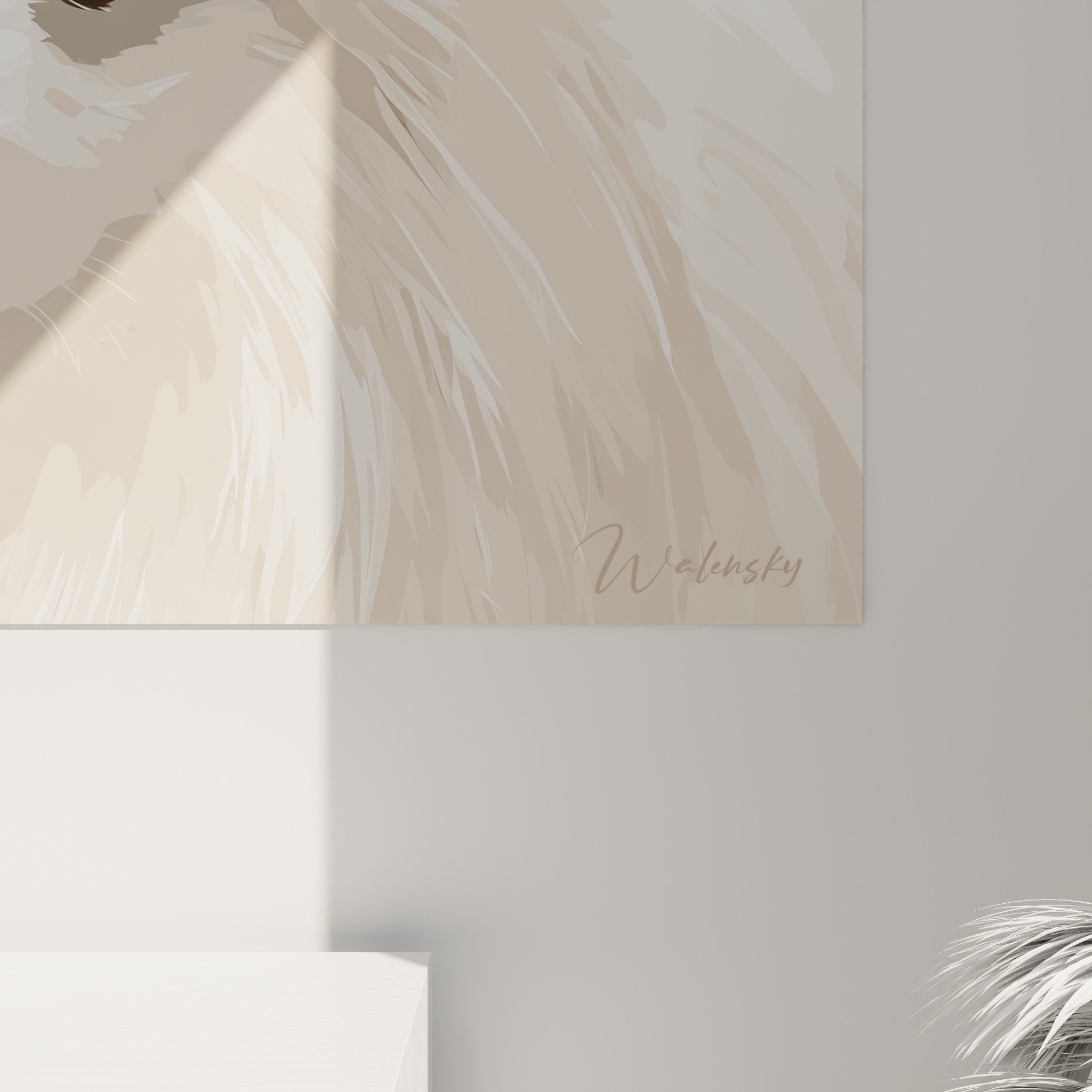 Vue d'ensemble tableau Spitz Japonais tons neutres, composition moderne portrait animalier décoratif