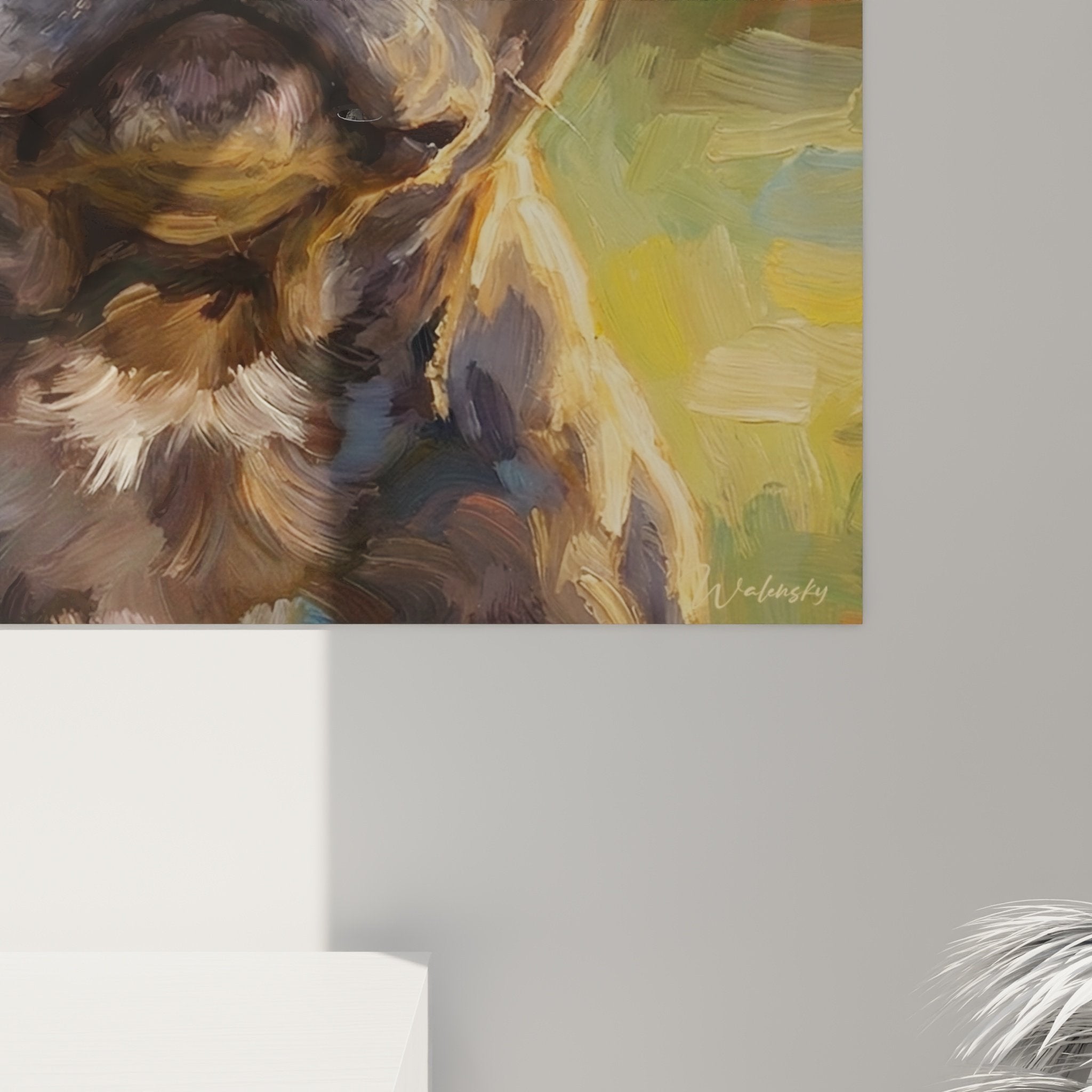 Übersichtsansicht Porträtgemälde Staffordshire Bull Terrier mit Schleife, Wandleinwand im impressionistischen Stil mit warmen Tönen