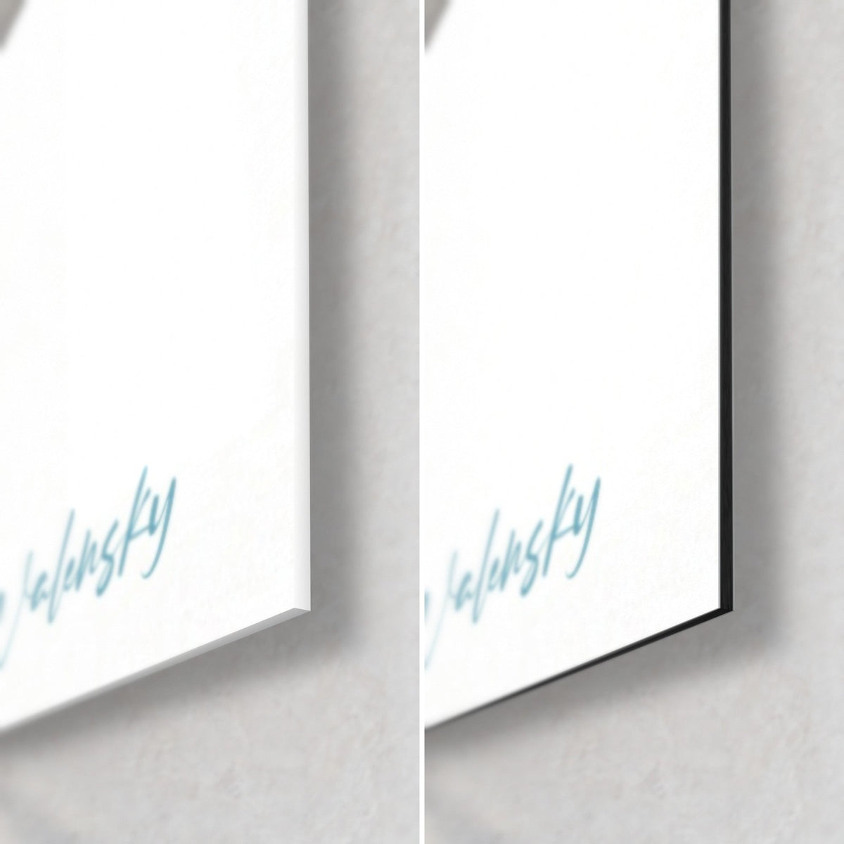 Wall art polygonal turquoise and violet face, bottom right corner: glossy acrylic glass on the left, matte black Dibond on the right, 3 mm edge