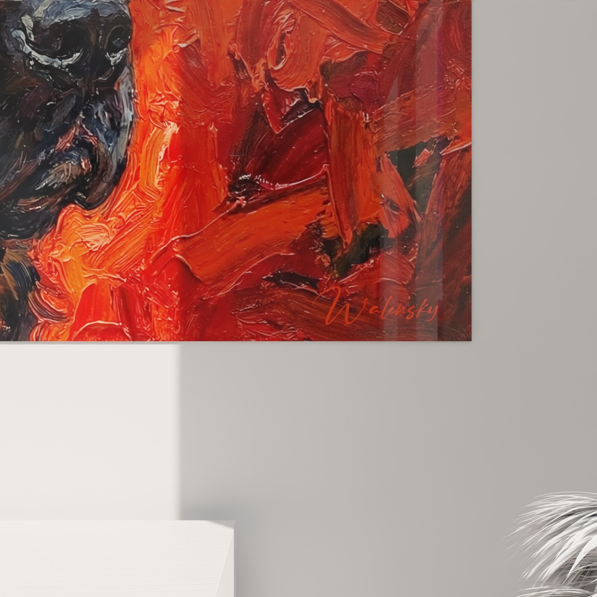 Vue ensemble tableau Terre Neuve noir contraste chromatique rouge intense art contemporain portrait animalier