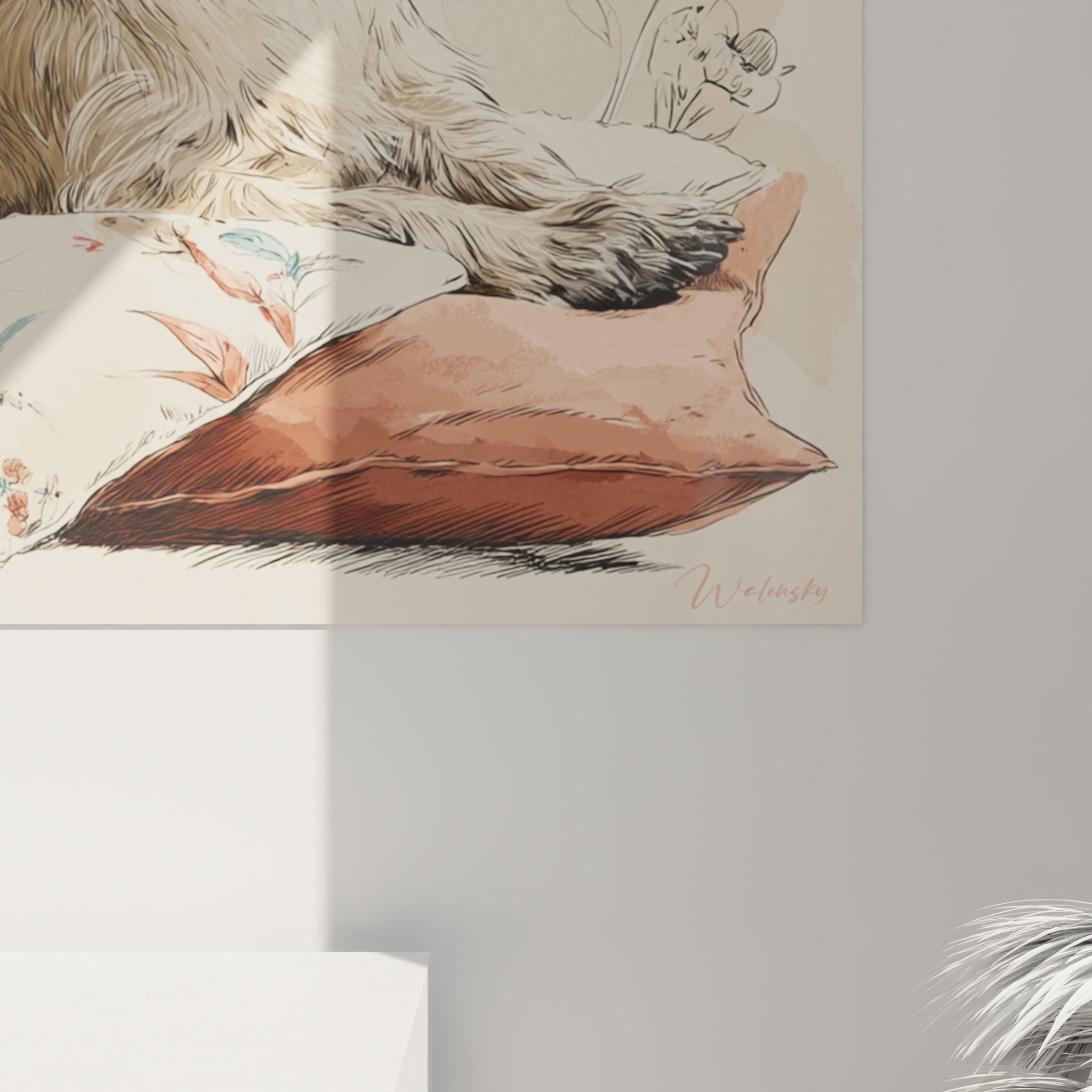 Vue ensemble tableau portrait chien terrier sur coussins motifs floraux décoration murale élégante