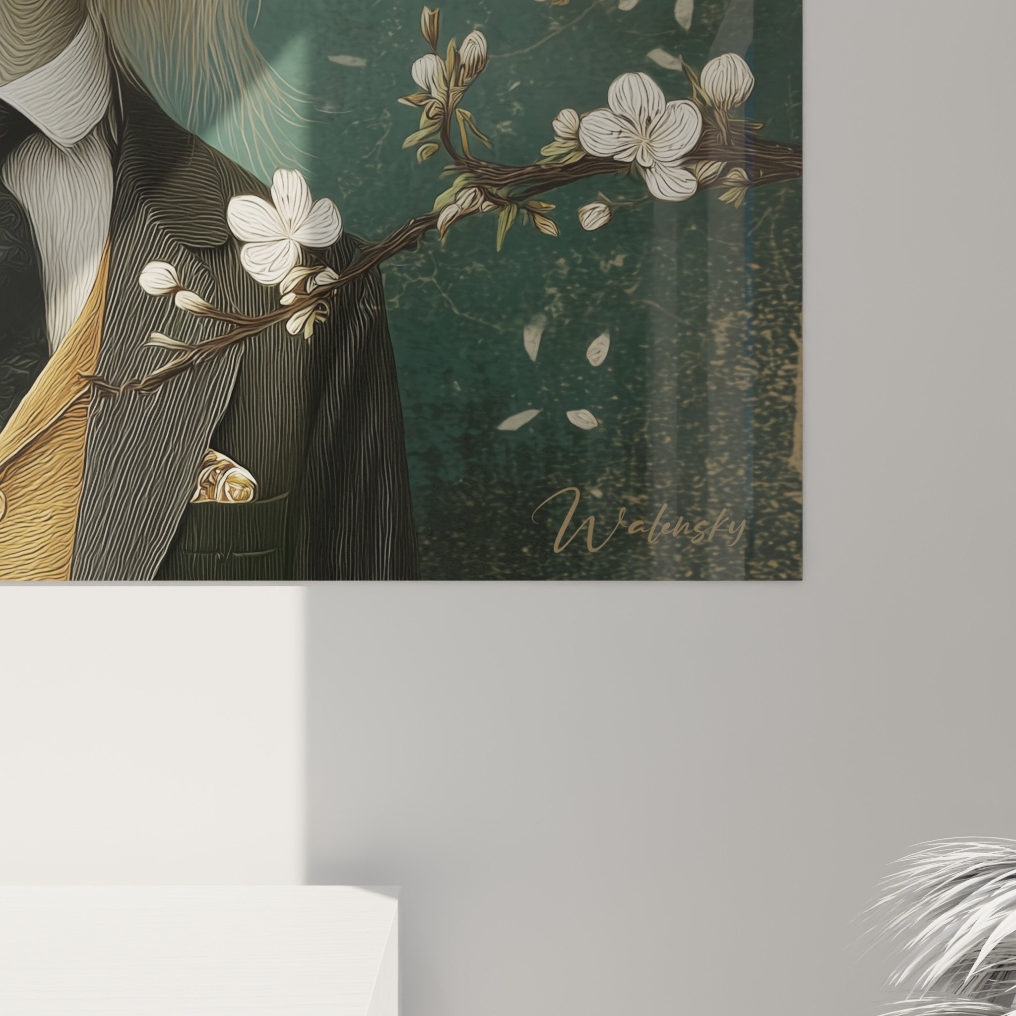 Vue ensemble tableau Levriers Afghans portraits gentlemen fond vert emeraude fleurs blanches