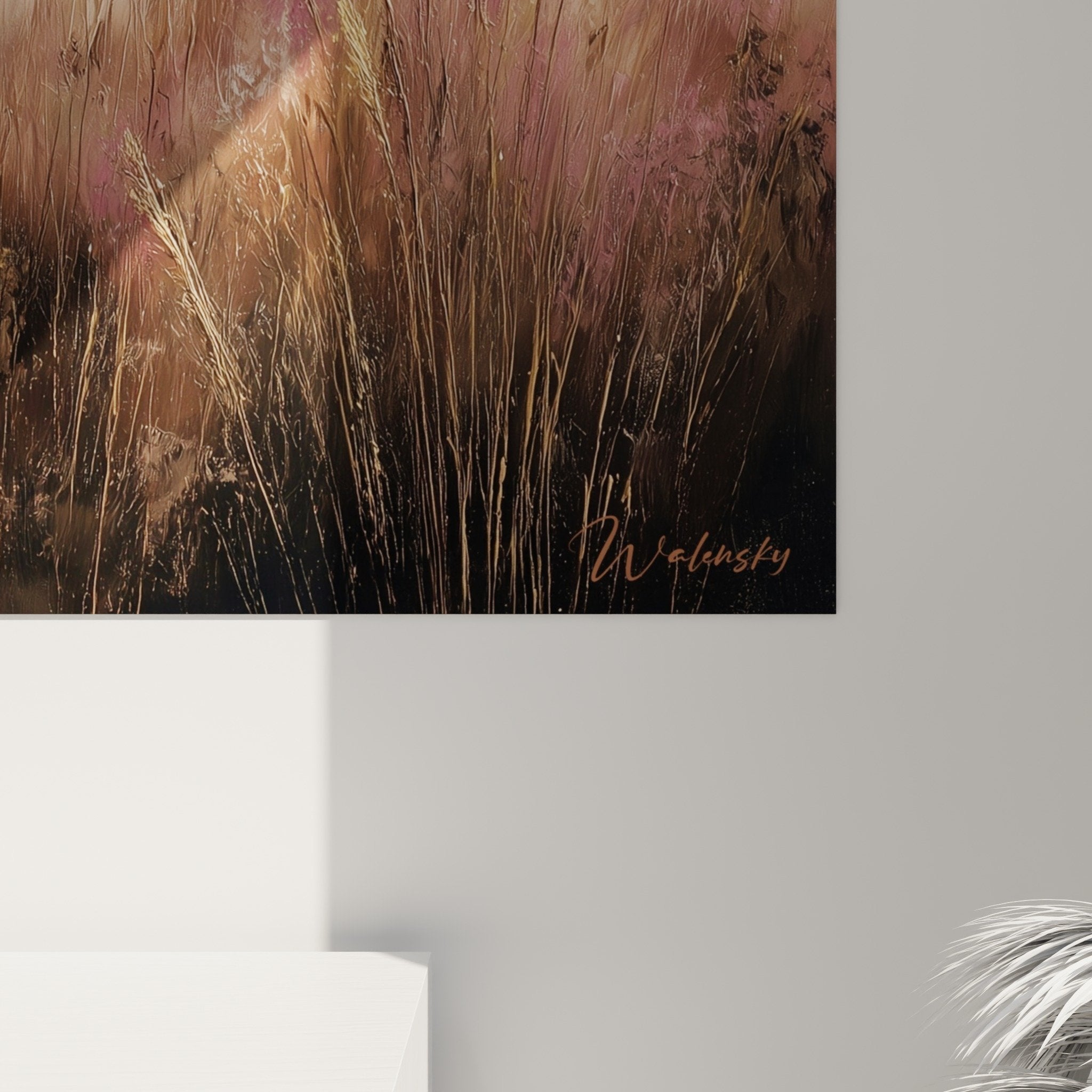 Overview landscape painting with golden grasses and mountain horizon