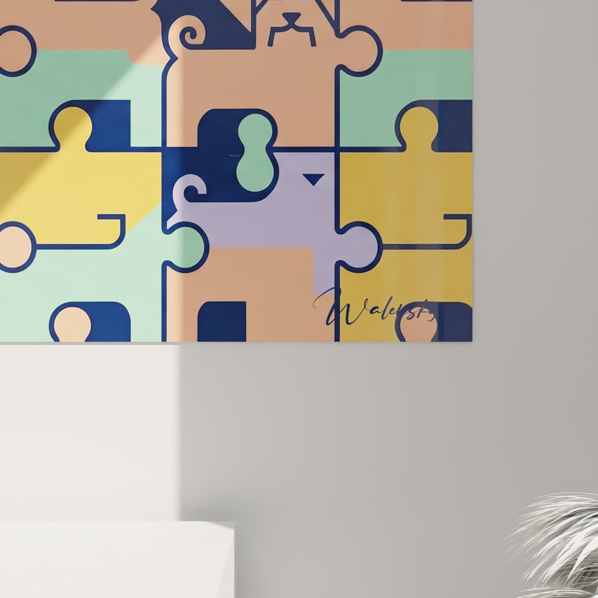 Gesamtansicht des mehrfarbigen Bichon Malteser Puzzle-Gemäldes, geometrische dekorative Wandgestaltung
