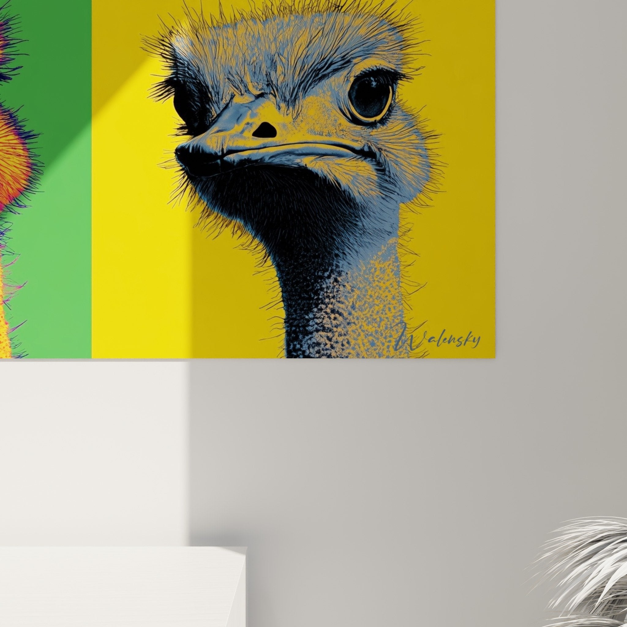 Gesamtansicht vierteiliges Straußen-Pop-Art-Wanddekor in vier leuchtenden Farben