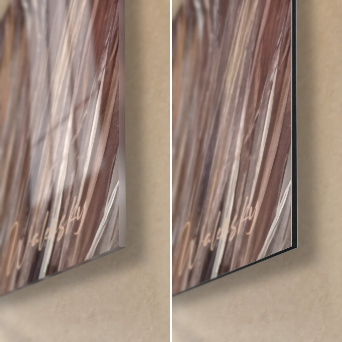 Quadro occhio di setter, angolo in basso a destra: vetro acrilico lucido con riflessi a sinistra, alluminio Dibond opaco grigio a destra, bordo nero da 3 mm