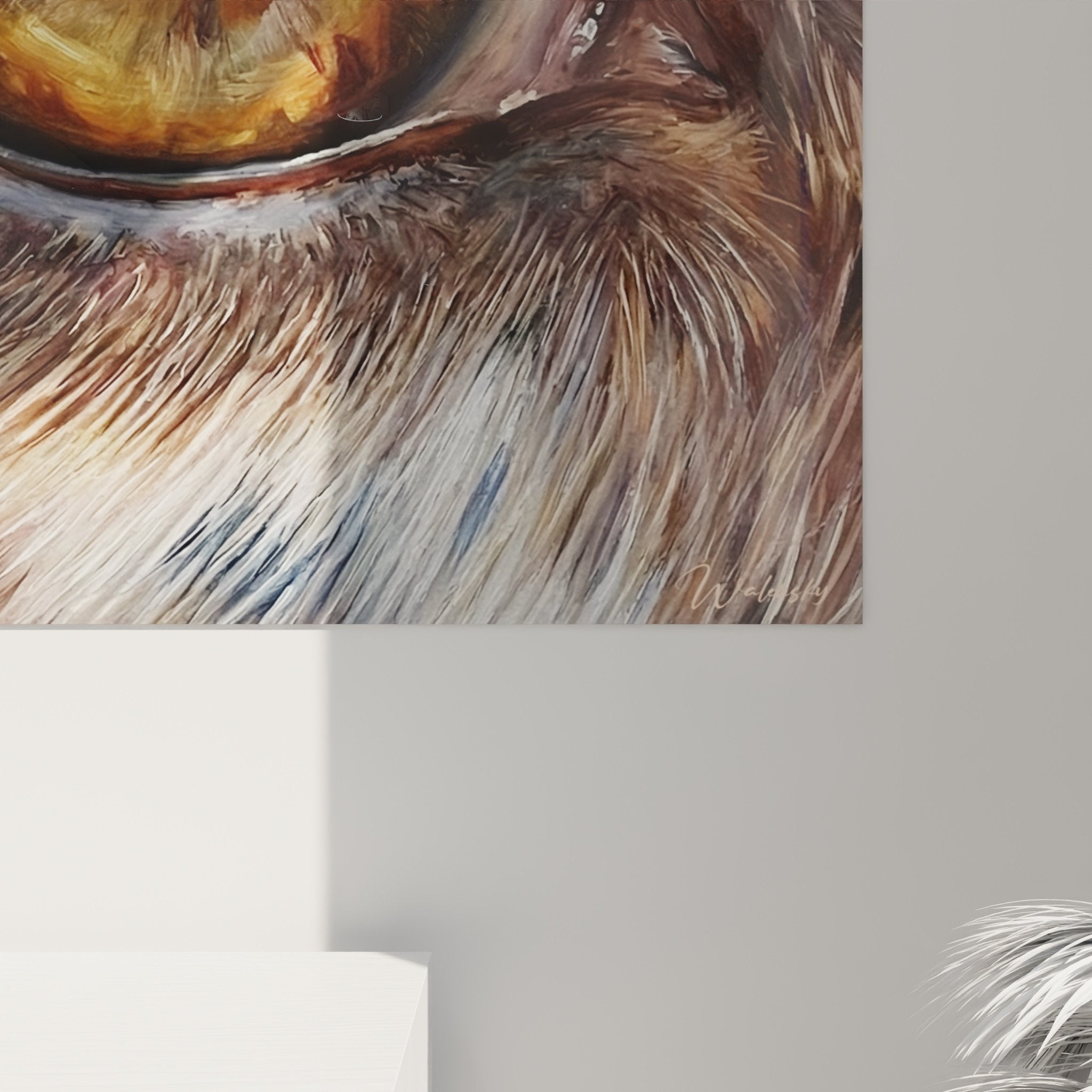 Vista d'insieme quadro sguardo profondo Setter Inglese sfumature ocra e ambra decorazione murale