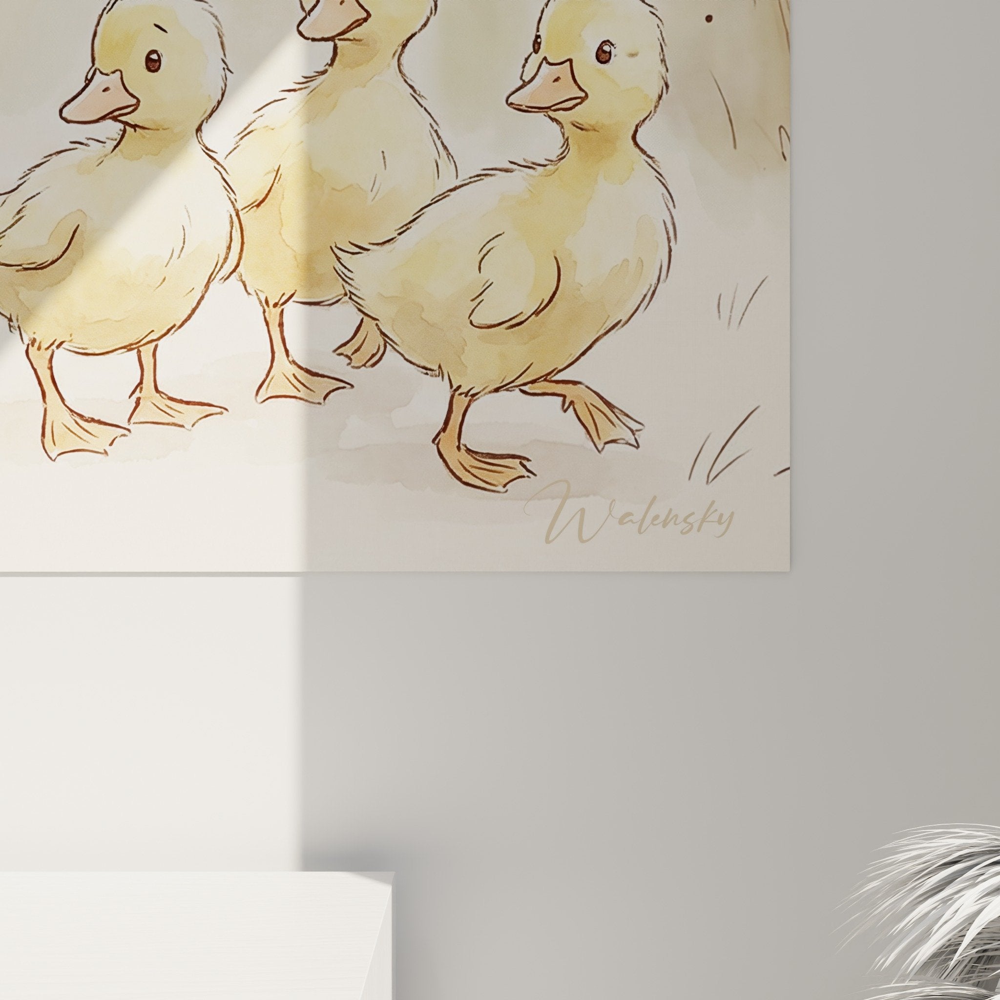 Overview of first meeting painting Beauceron puppy ducklings soft pastel tones