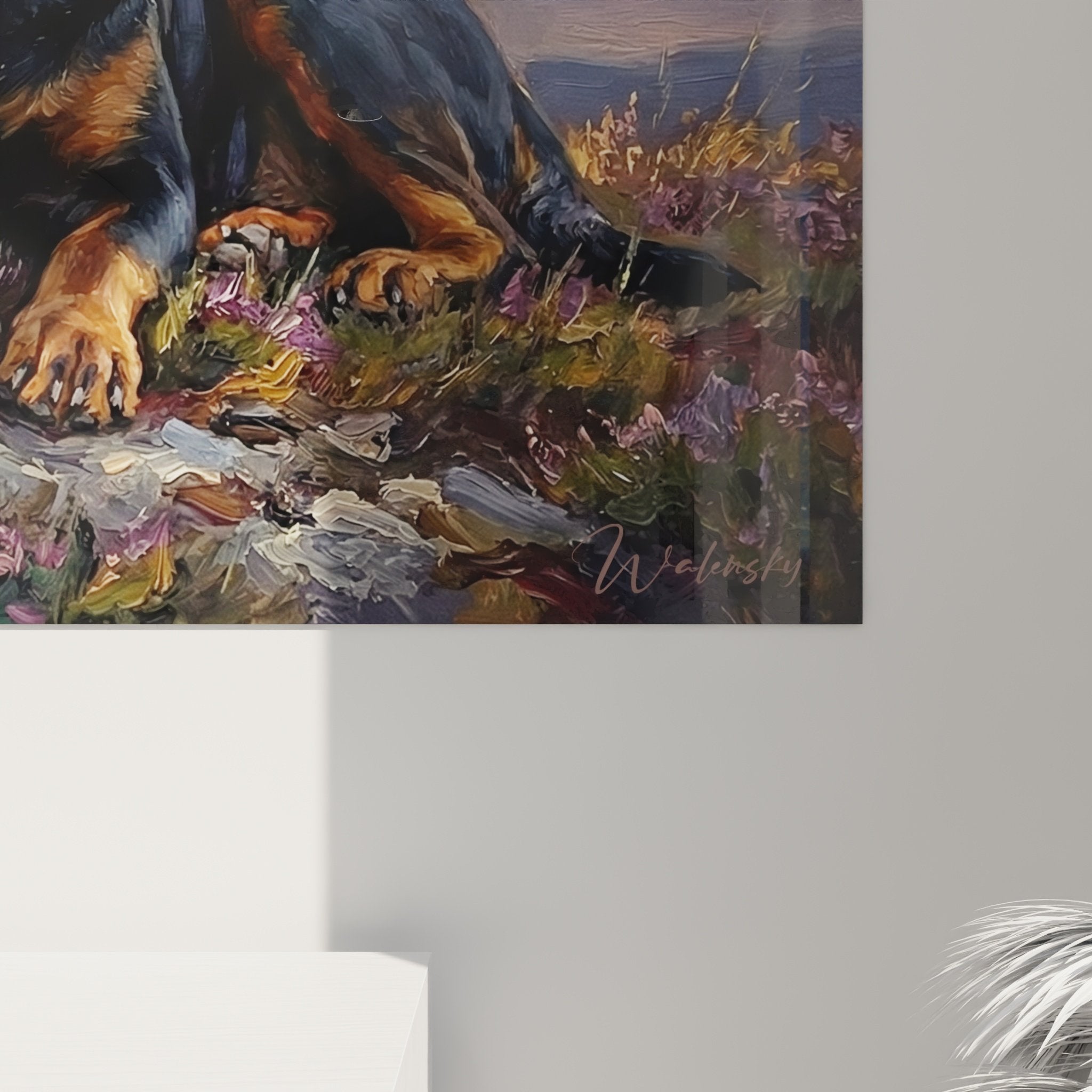 Vue d'ensemble tableau rottweilers contemplant horizon crépusculaire ambiance sereine