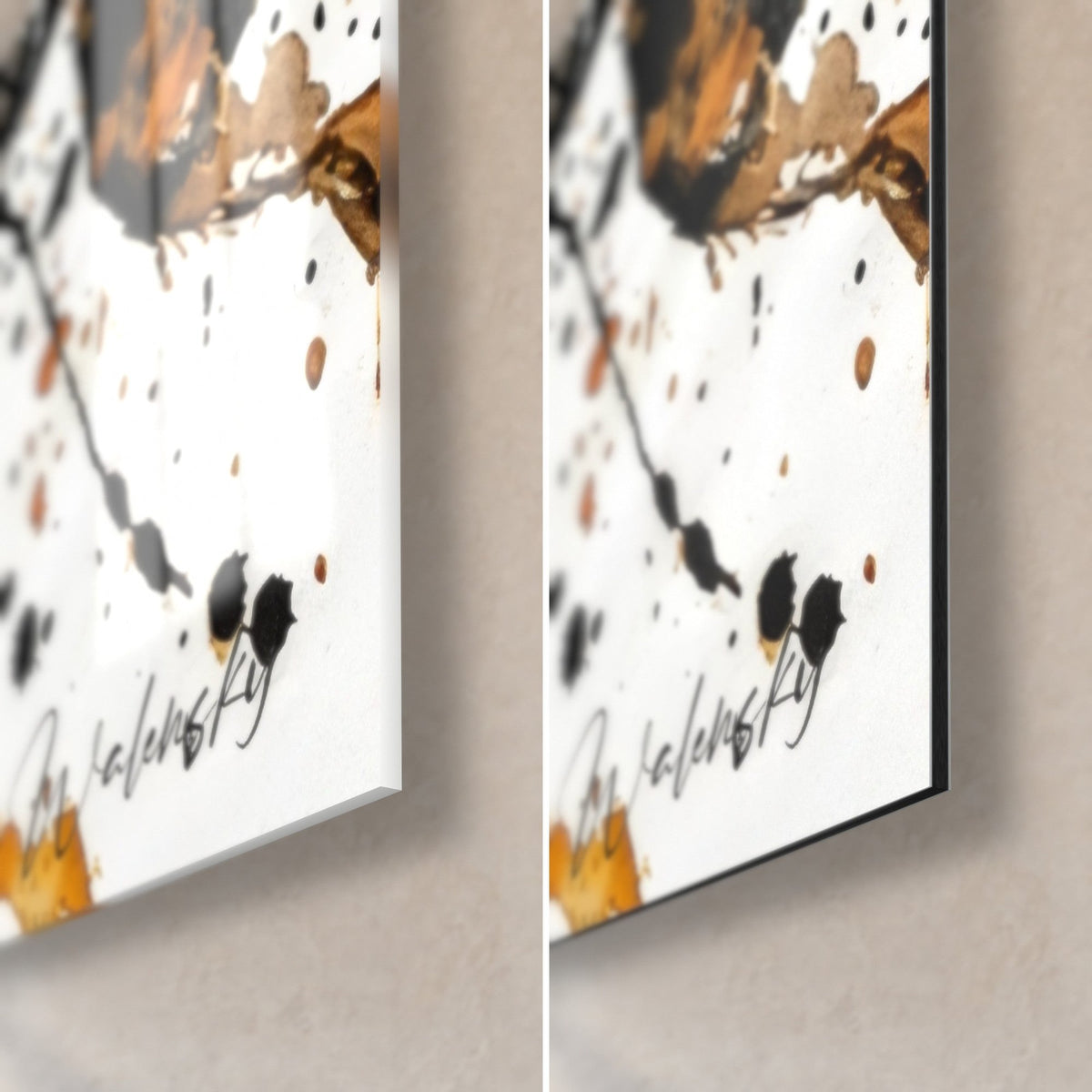 Wall art Rottweiler portrait, bottom right corner: glossy acrylic glass on the left, matte black Dibond aluminum on the right, 3 mm edge