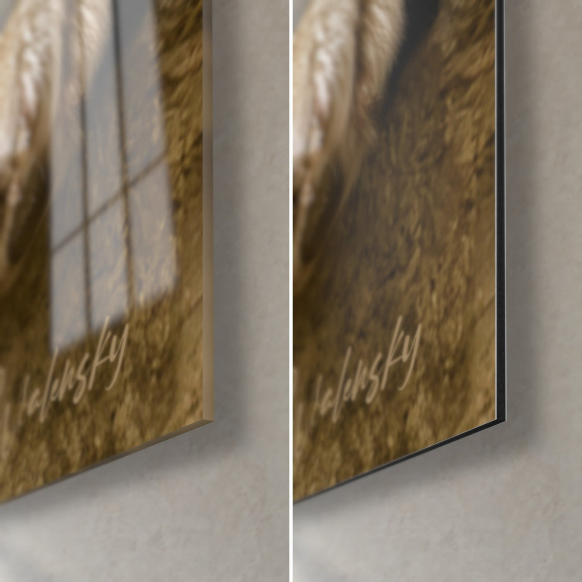 Gemälde eines schlafenden Bernhardiners, untere rechte Ecke: glänzendes Glas links, mattes Dibond rechts, feine Kante und goldene Reflexe