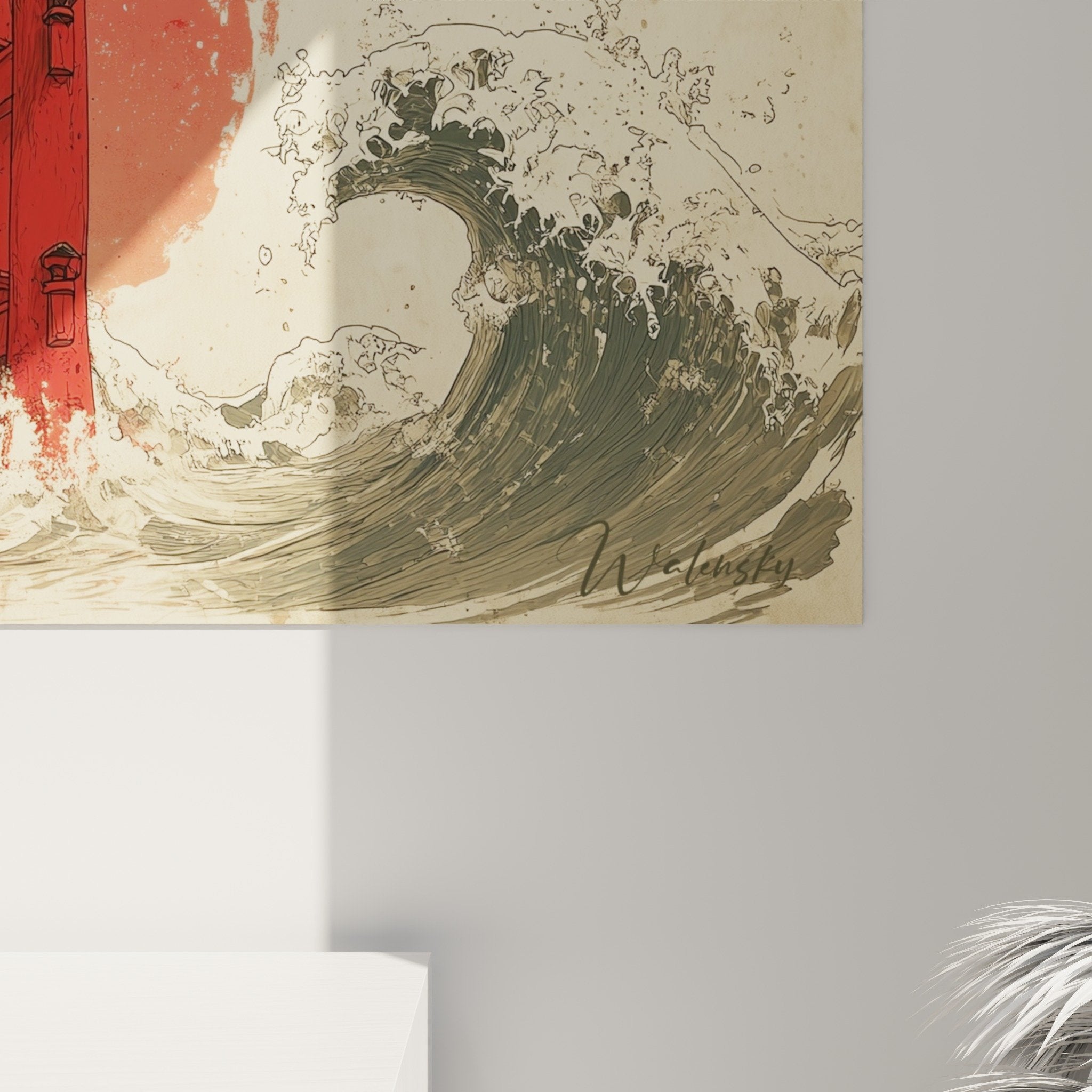 Vue d'ensemble du sanctuaire rouge dans les eaux tumultueuses sous le soleil ardent, art mural japonais