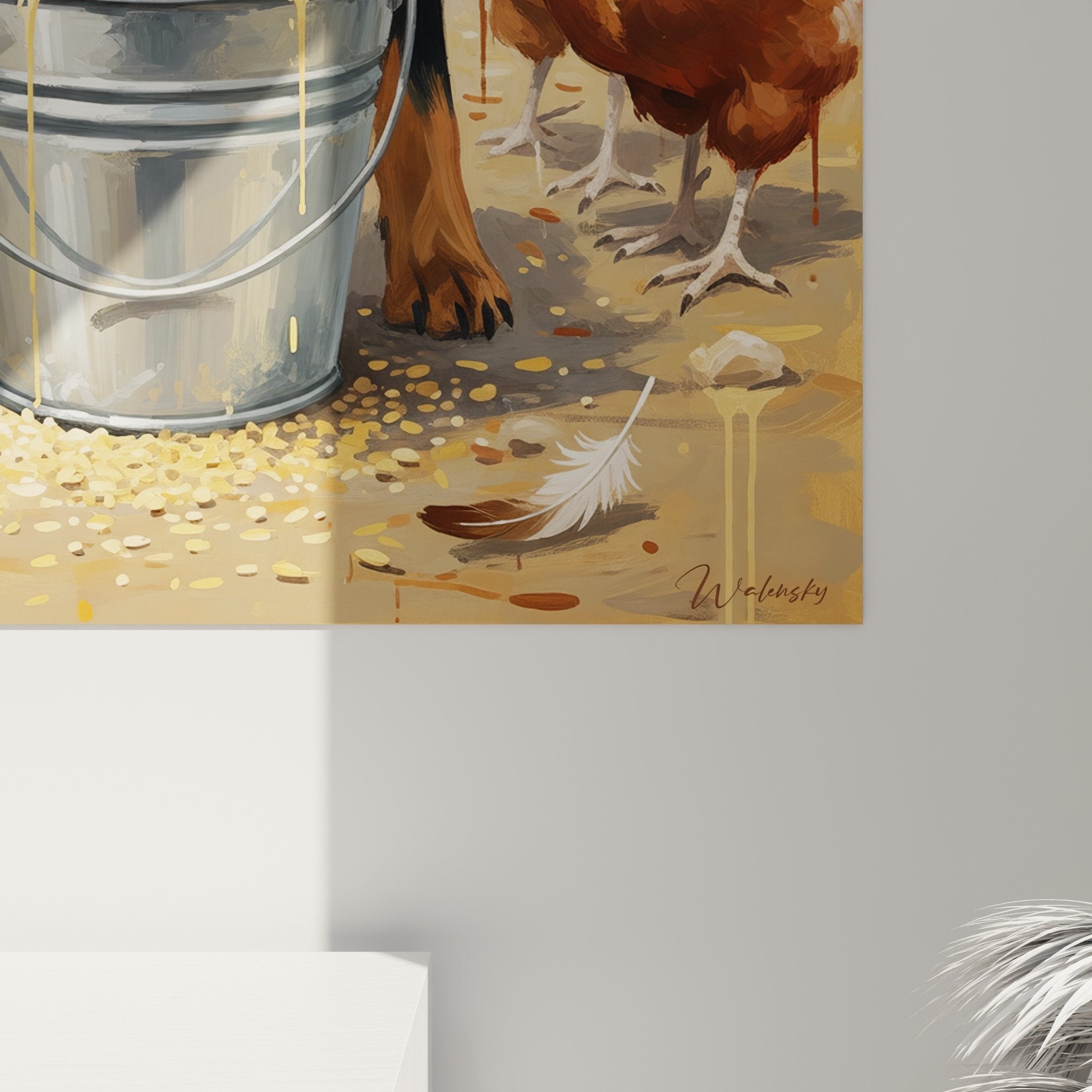 Overview of wall art farm scene with dog and poultry warm light rustic home decor