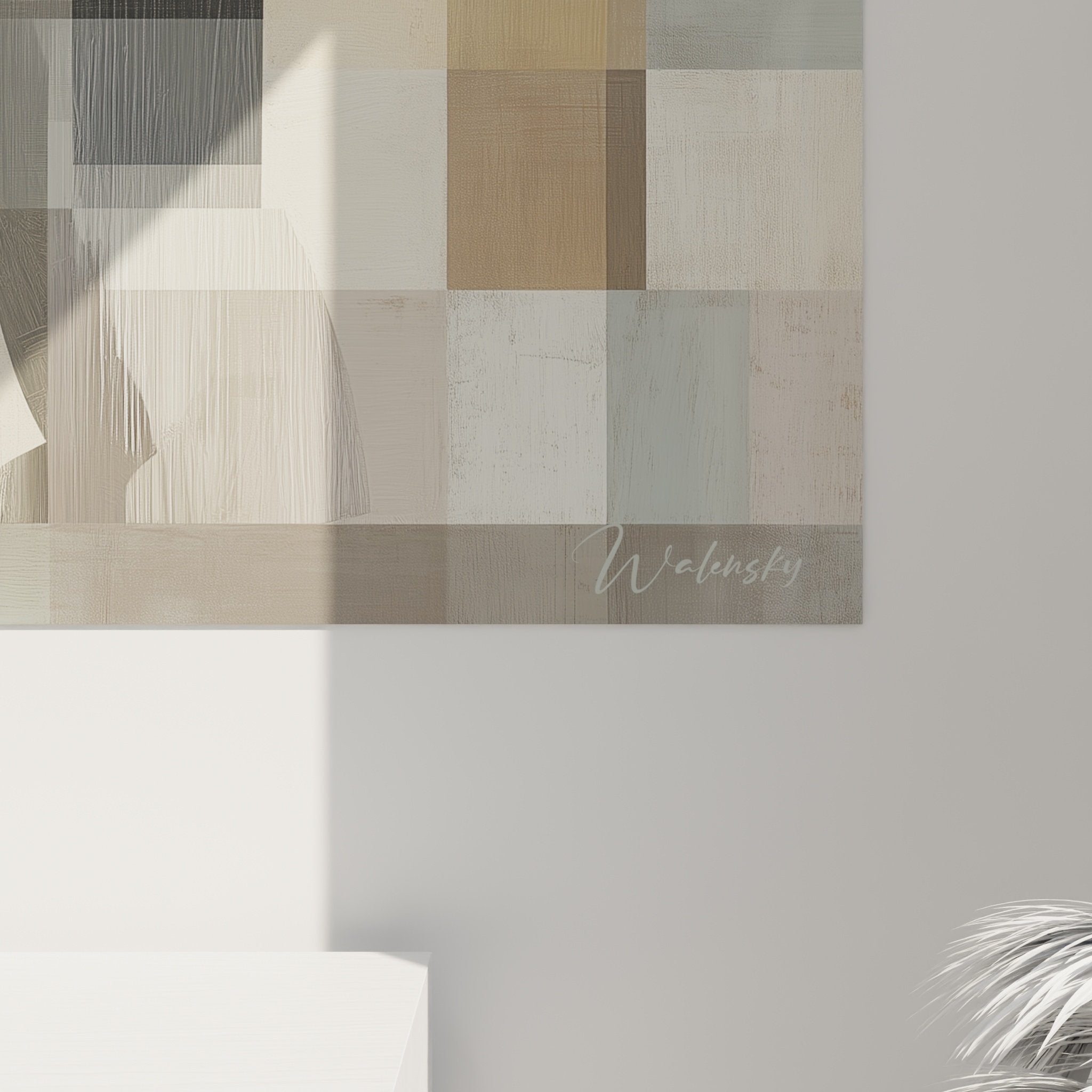 Vue ensemble tableau Schnauzer art géométrique décoration murale moderne tons neutres beiges bruns