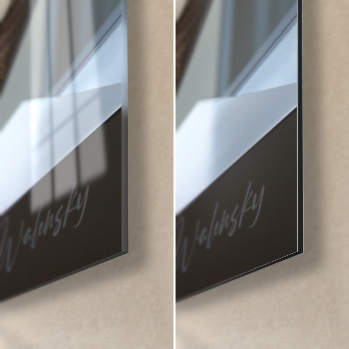 Wall art of a brushed aluminium ribbon, bottom right corner: glossy acrylic glass on the left, matte black Dibond on the right, 3 mm edge