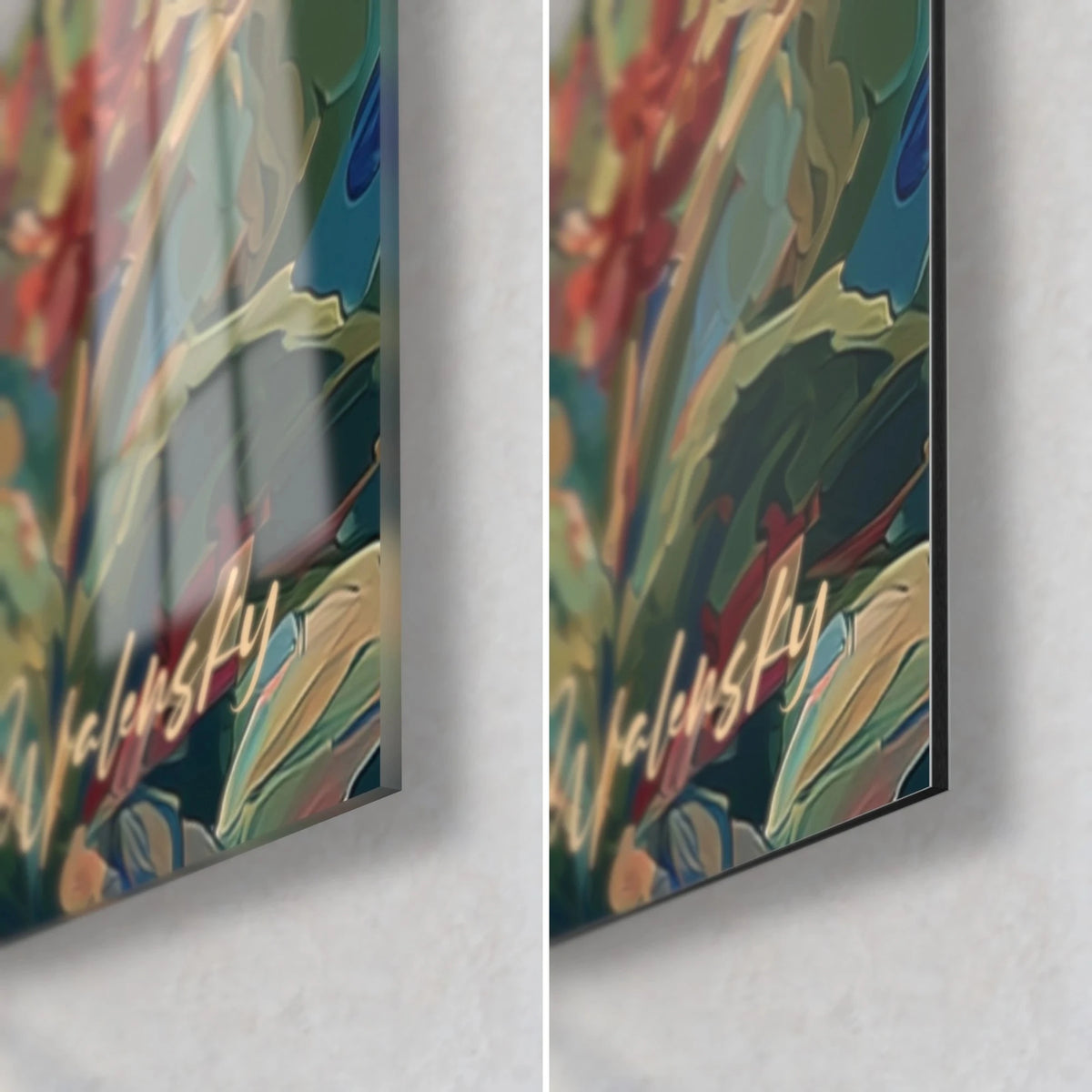 Wall art scutosaurus with blue and ochre plates, green grass and red flowers, bottom right corner in glossy glass and matte Dibond