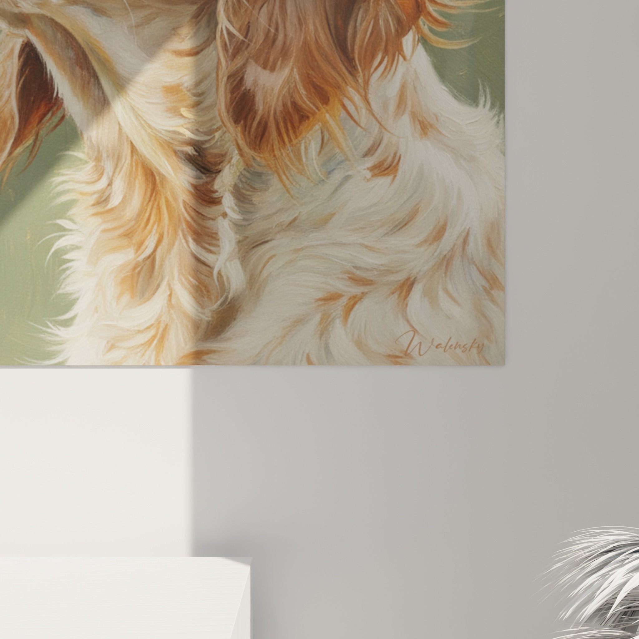 Vue d'ensemble tableau Setter Anglais regardant vers le haut dans salon contemporain decoration bois