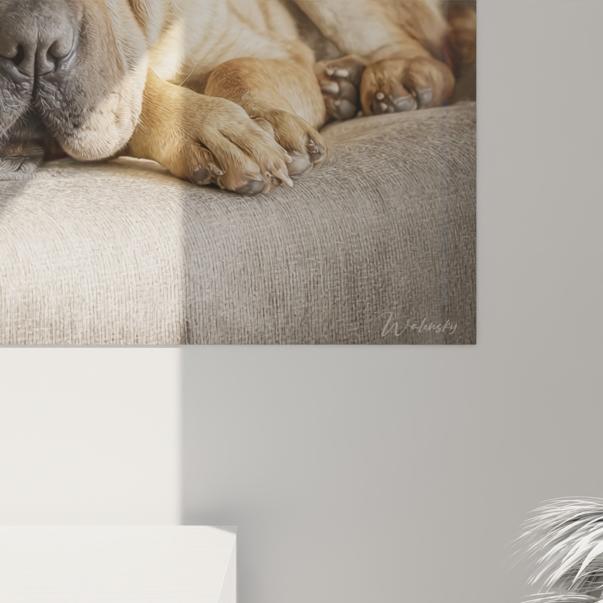 Vue d'ensemble tableau Shar Pei tons ocre, œuvre murale harmonieuse dans intérieur moderne