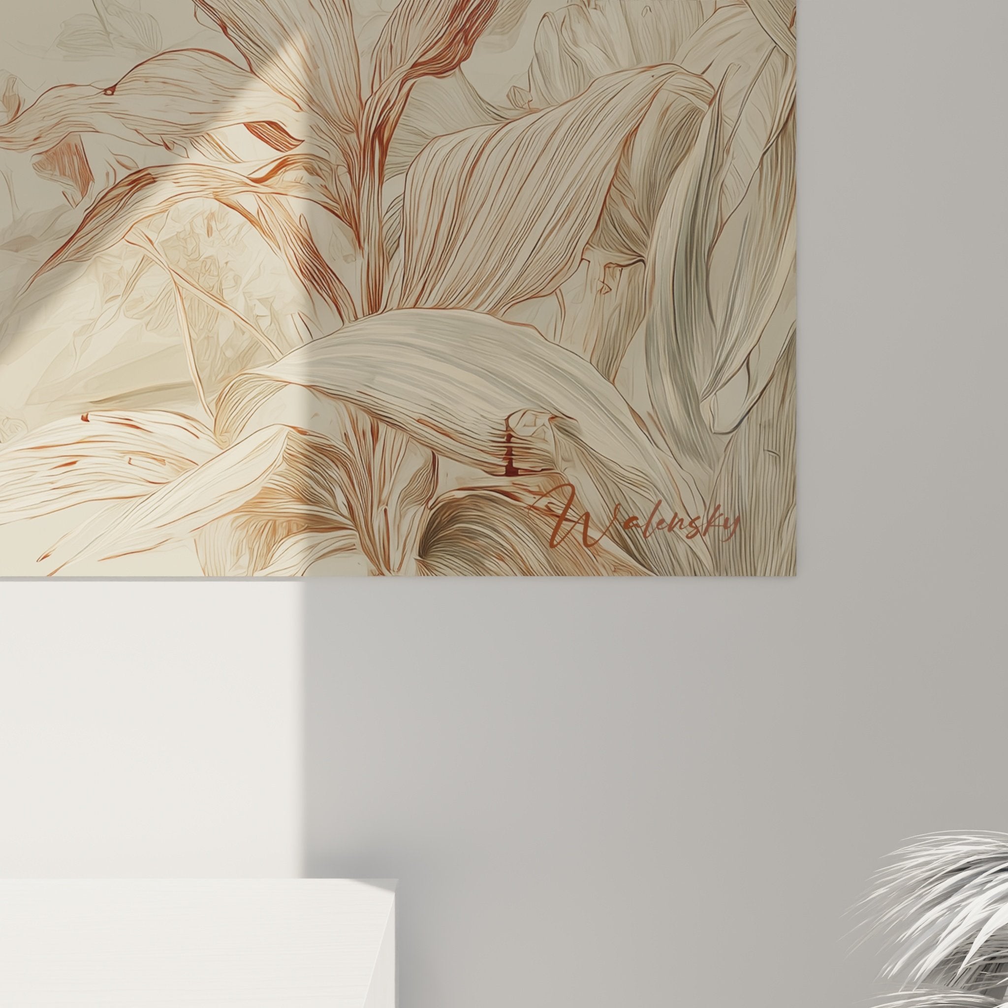 Vue d'ensemble tableau mural Shar Pei tons beiges jungle stylisée décoration zen