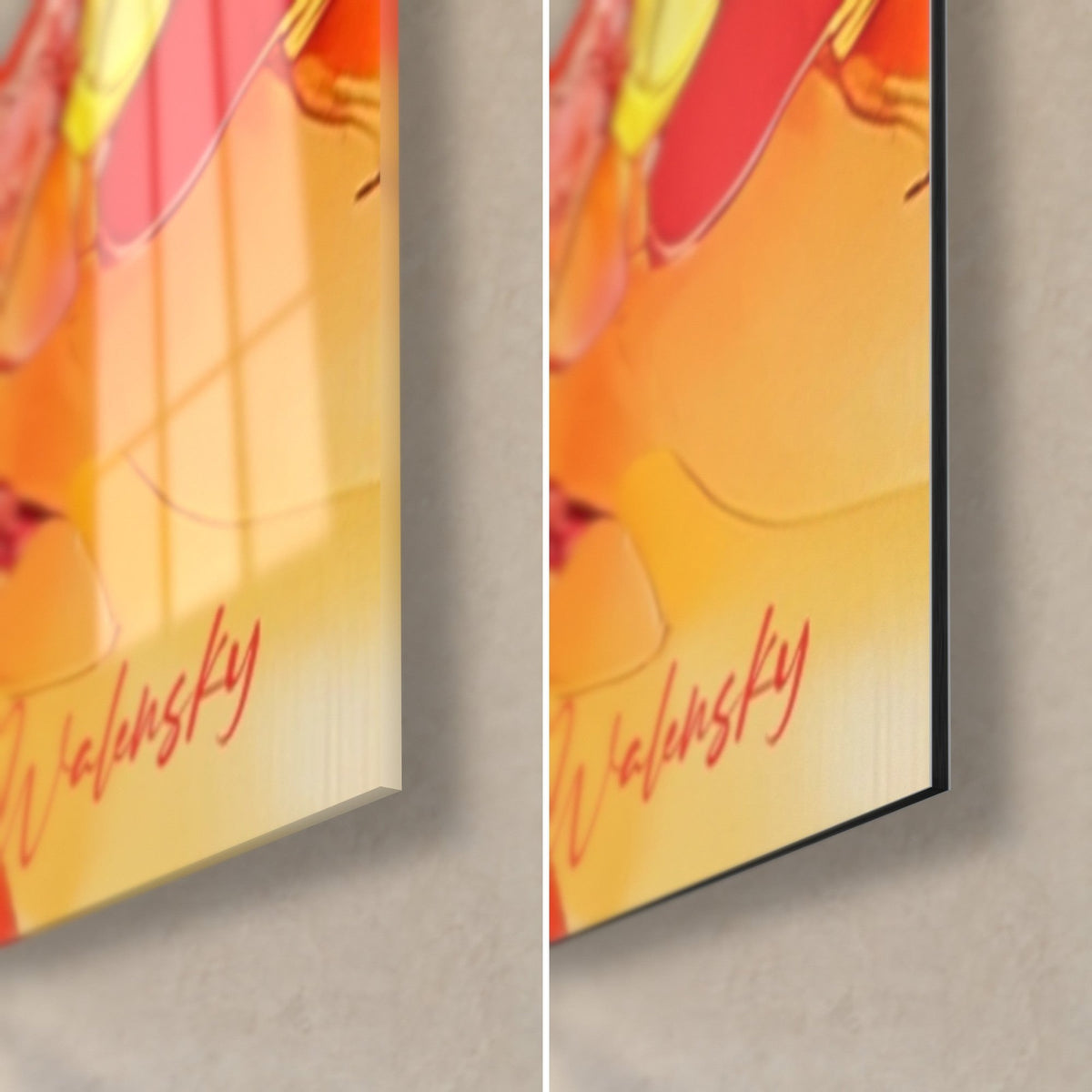 Wall art with a palette-knife rosette, orange and bright yellow petals, red Walensky signature, glossy glass on the left, matte Dibond on the right