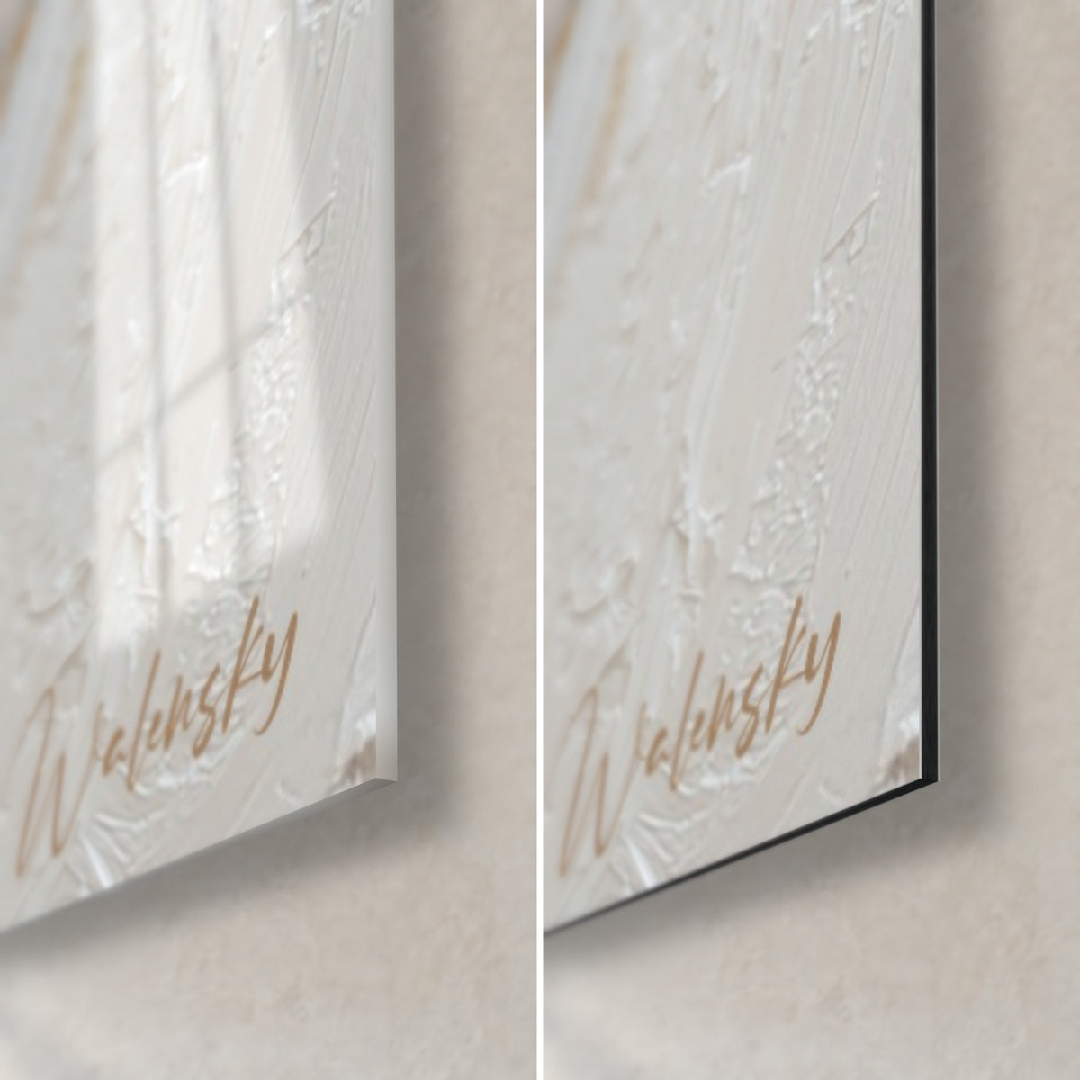 Wall art with gold and cream white volutes, bottom right corner: glossy acrylic glass on the left, matte black Dibond on the right