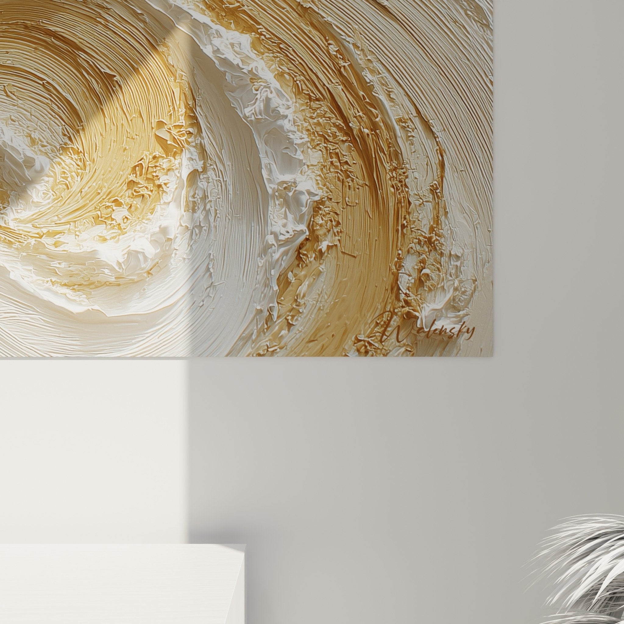 Overall view of swirling golden white spirals feng shui wall art earth center modern living room