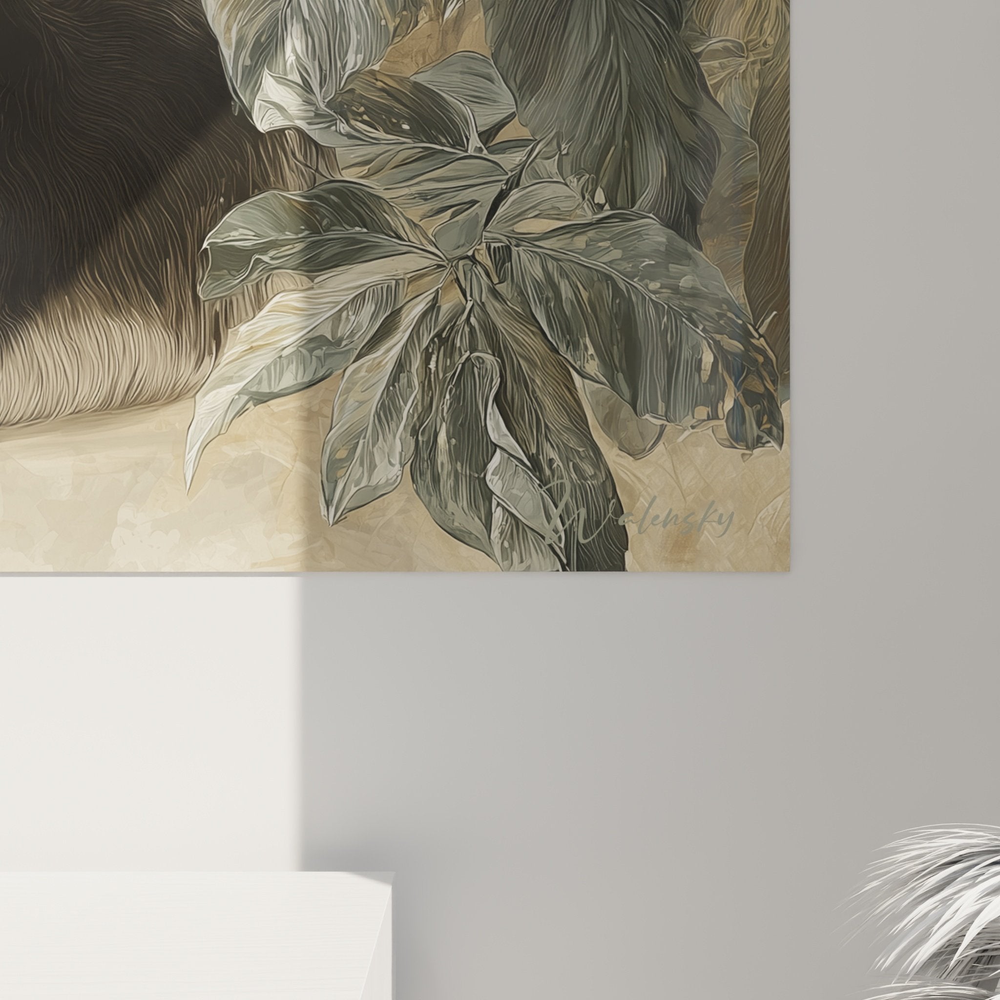 Vue ensemble tableau Springer Anglais décor végétal luxuriant tons beiges style portrait classique