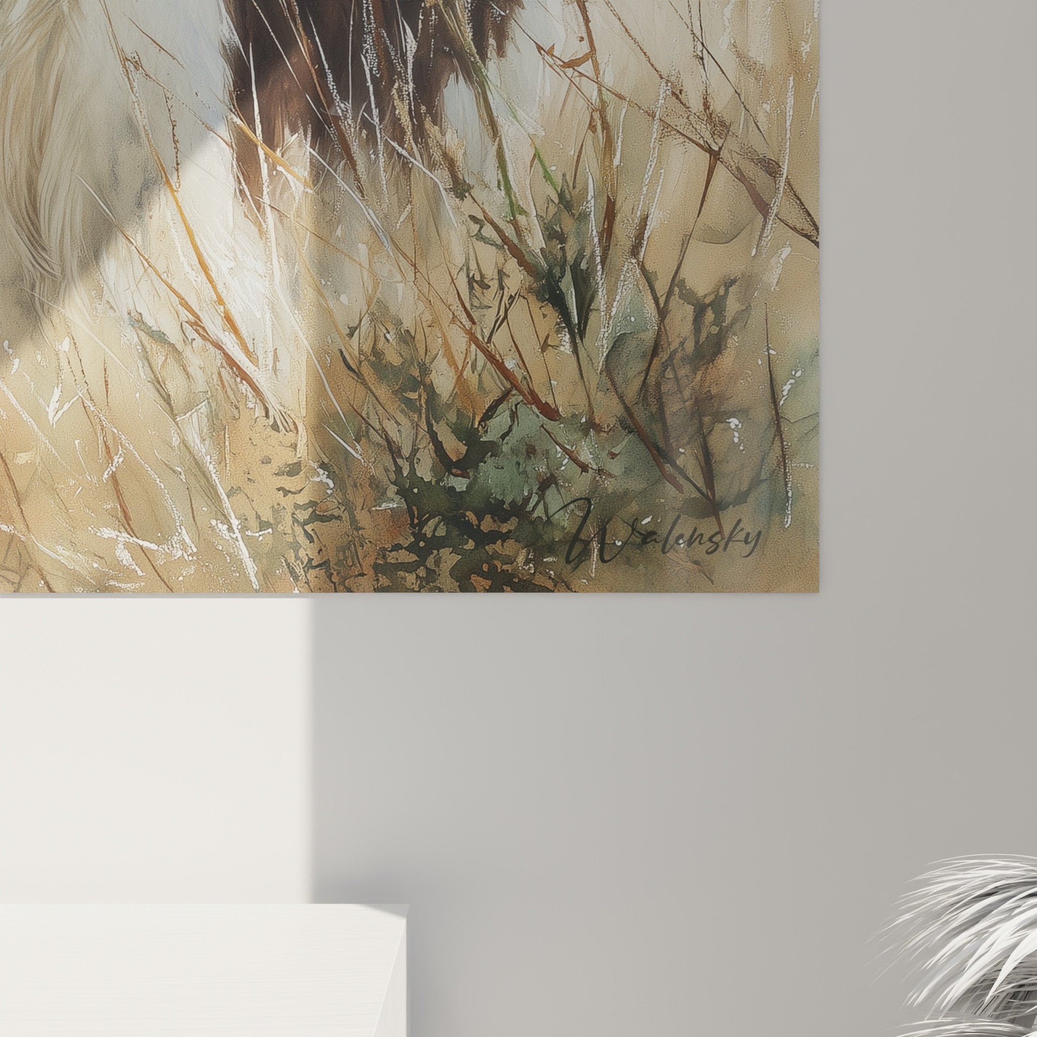 Vue ensemble tableau Springer Anglais herbes hautes ocre beige lumiere douce atmosphere campagnarde