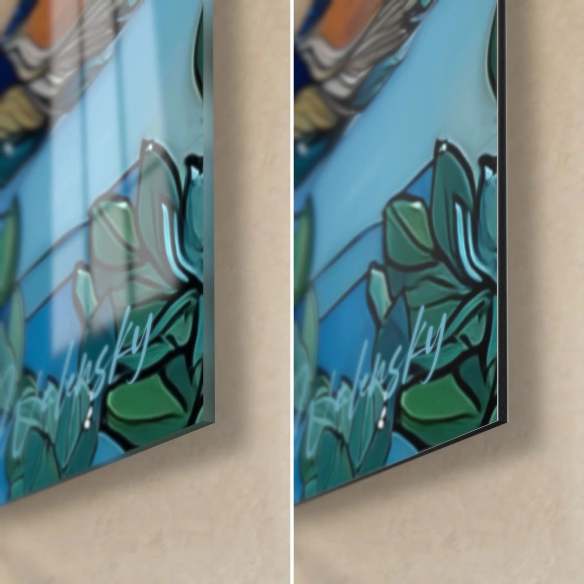 Tableau loup mosaïque, feuilles vert sapin et reflet bleu ciel, signature Walensky, verre brillant et Dibond mat, tranche 3 mm